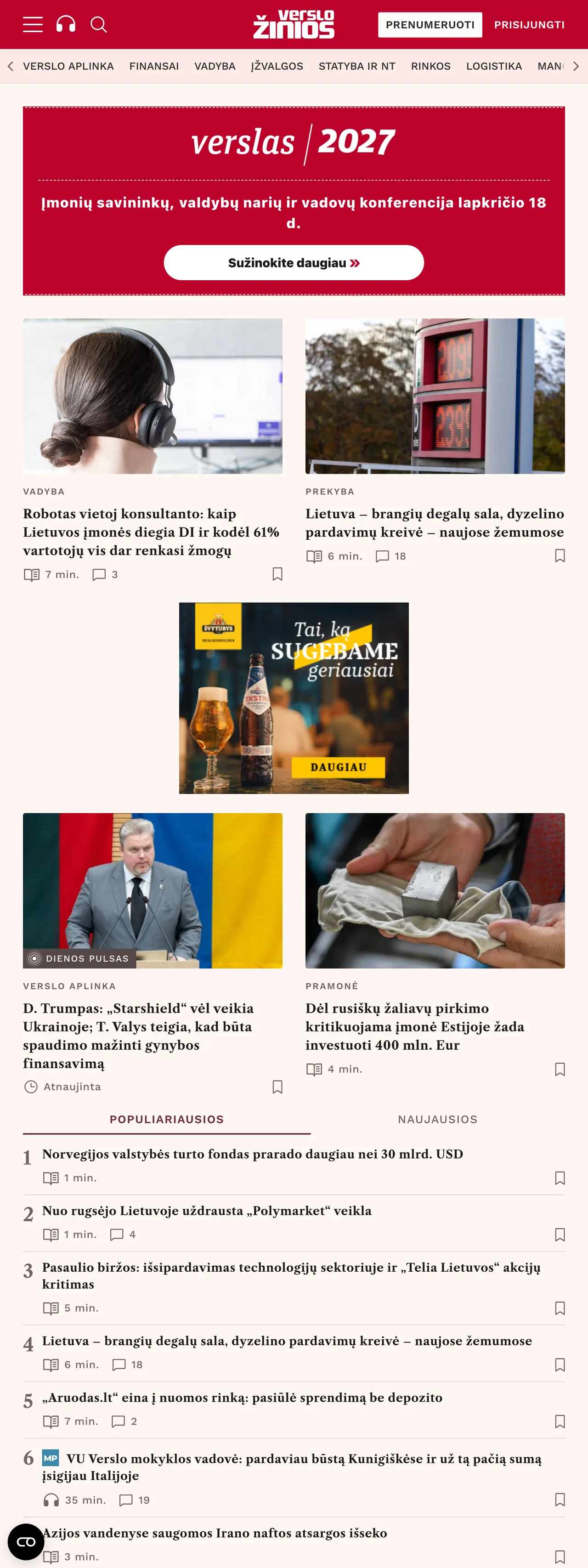 Screenshot of the Verslo žinios front page