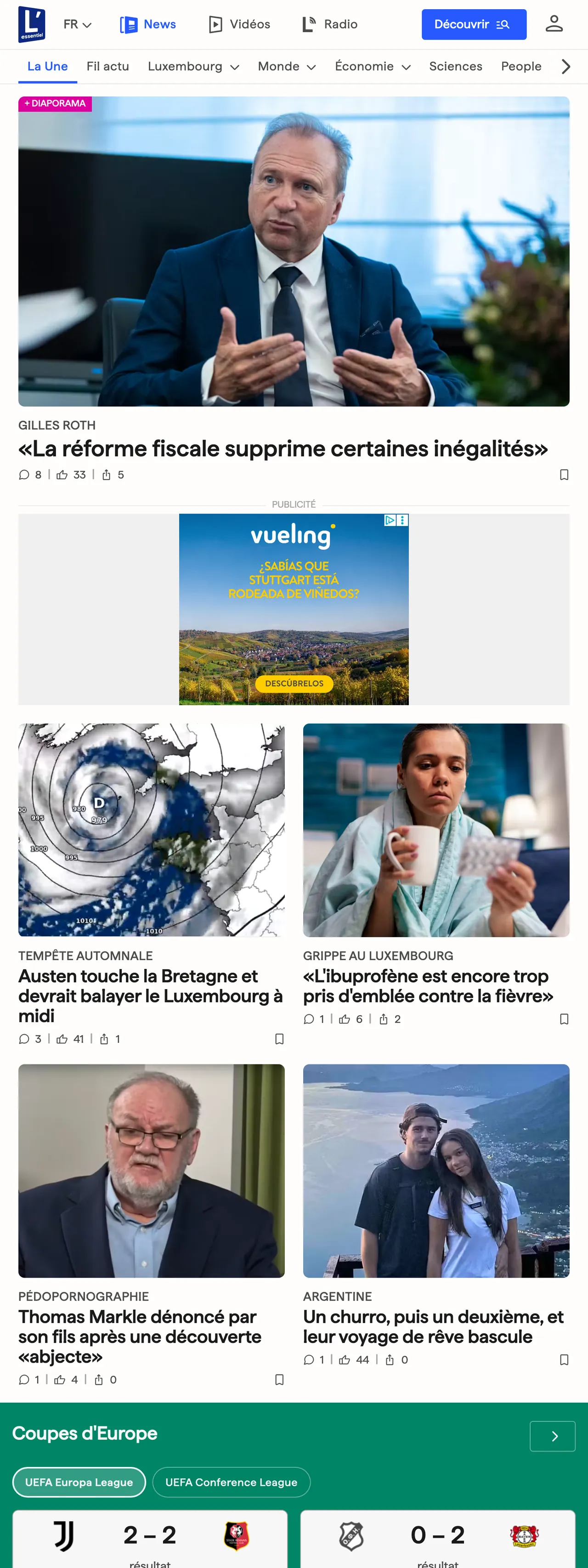 Screenshot of the L'essentiel front page