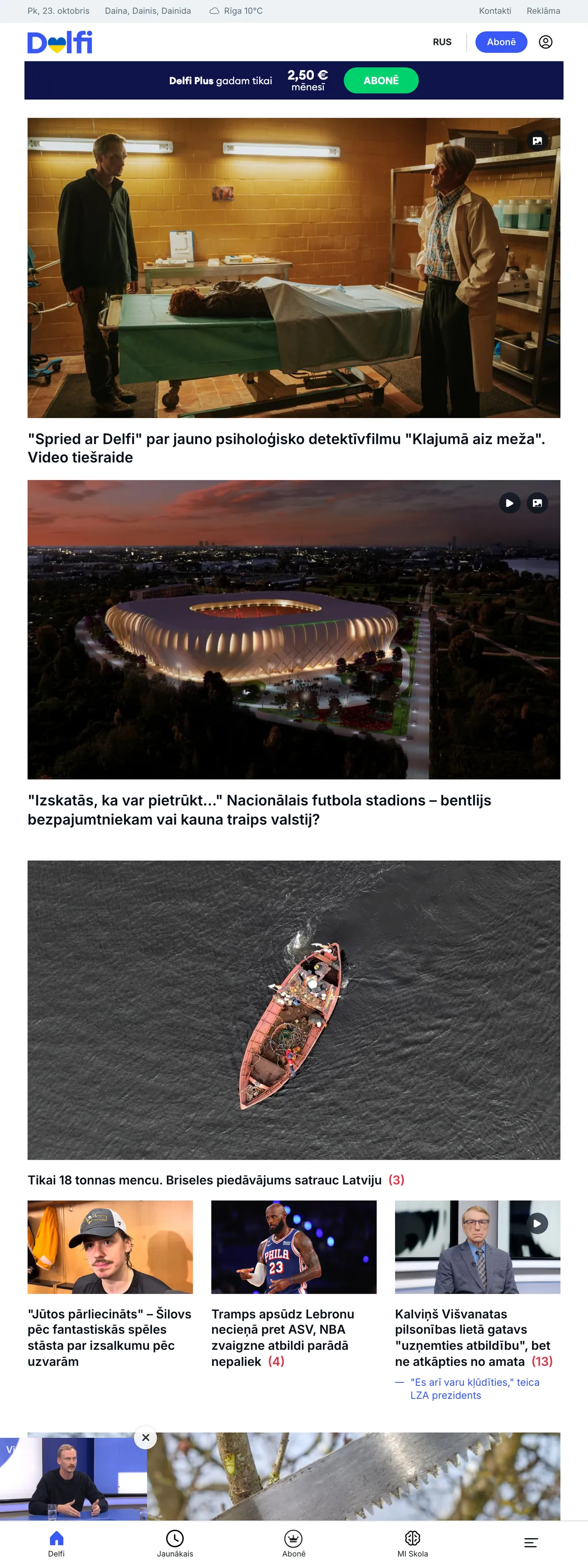 Screenshot of the Delfi front page