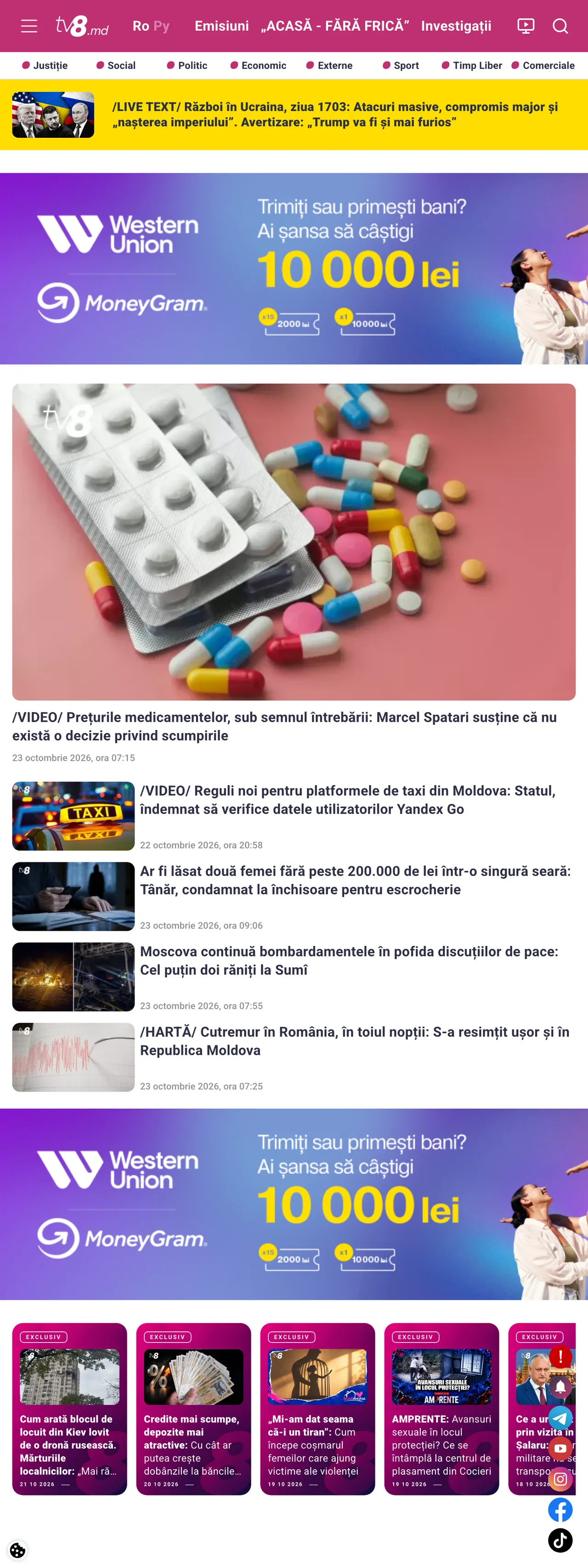 Screenshot of the TV8 front page