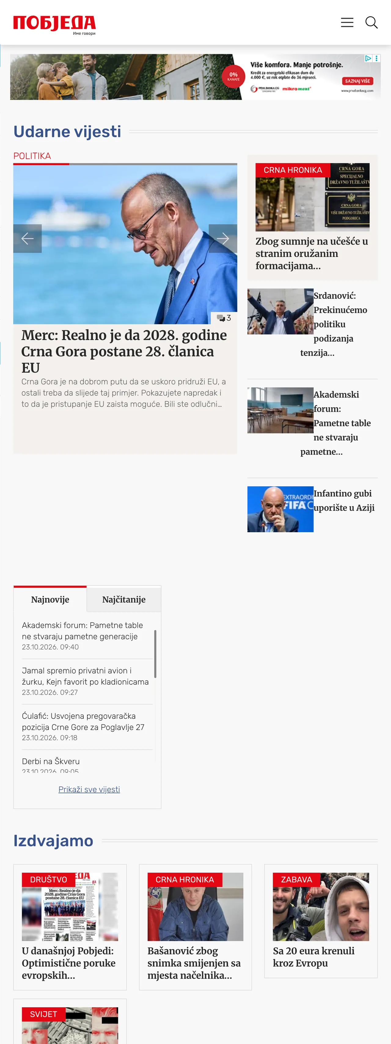 Screenshot of the Pobjeda front page