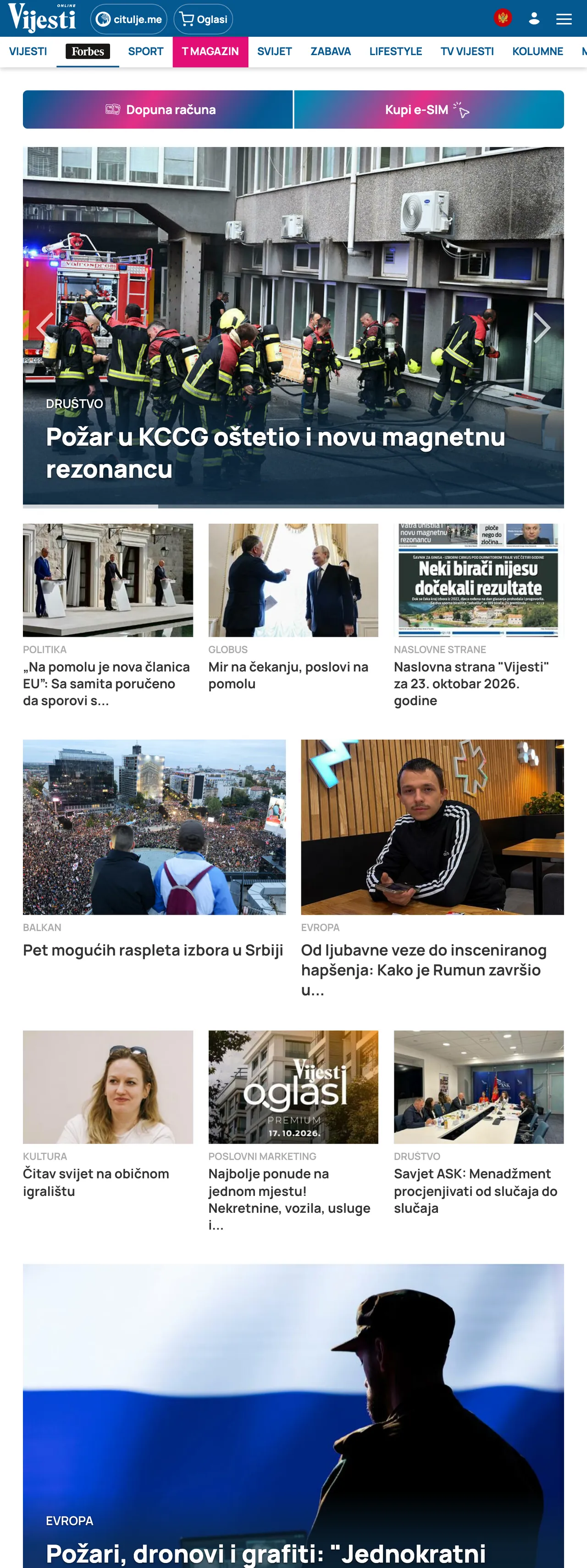 Screenshot of the Vijesti front page