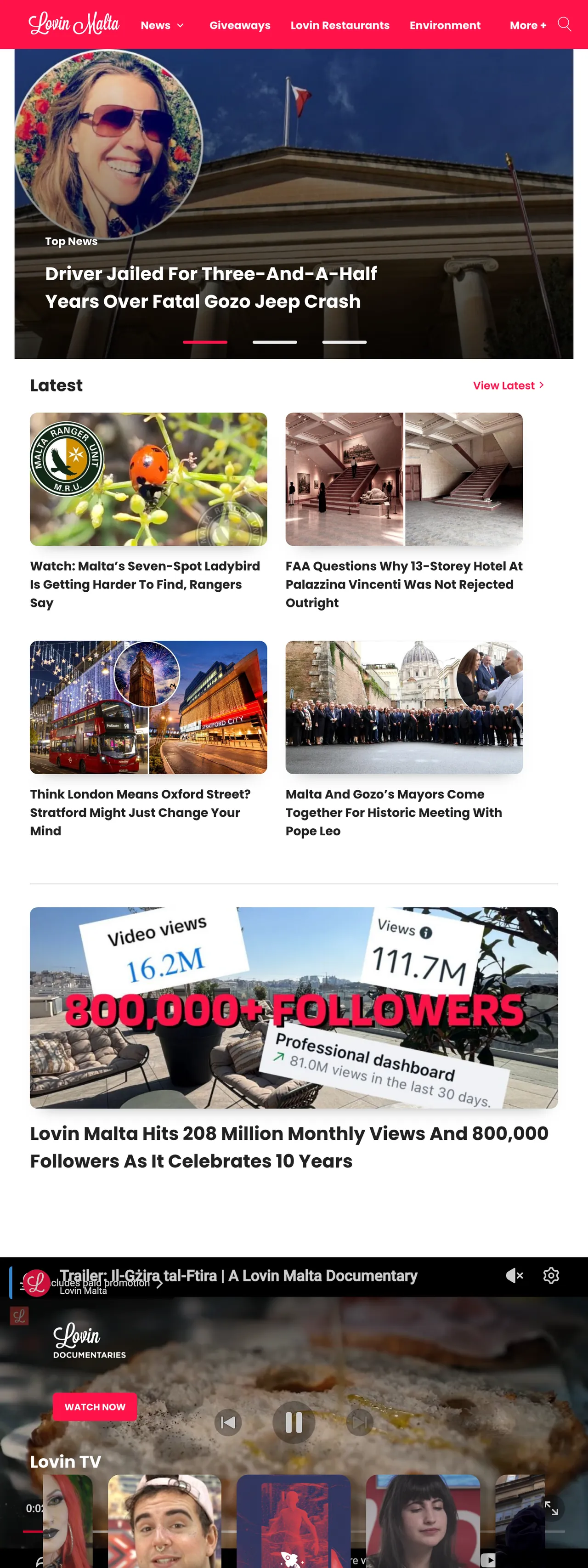 Screenshot of the Lovin Malta front page