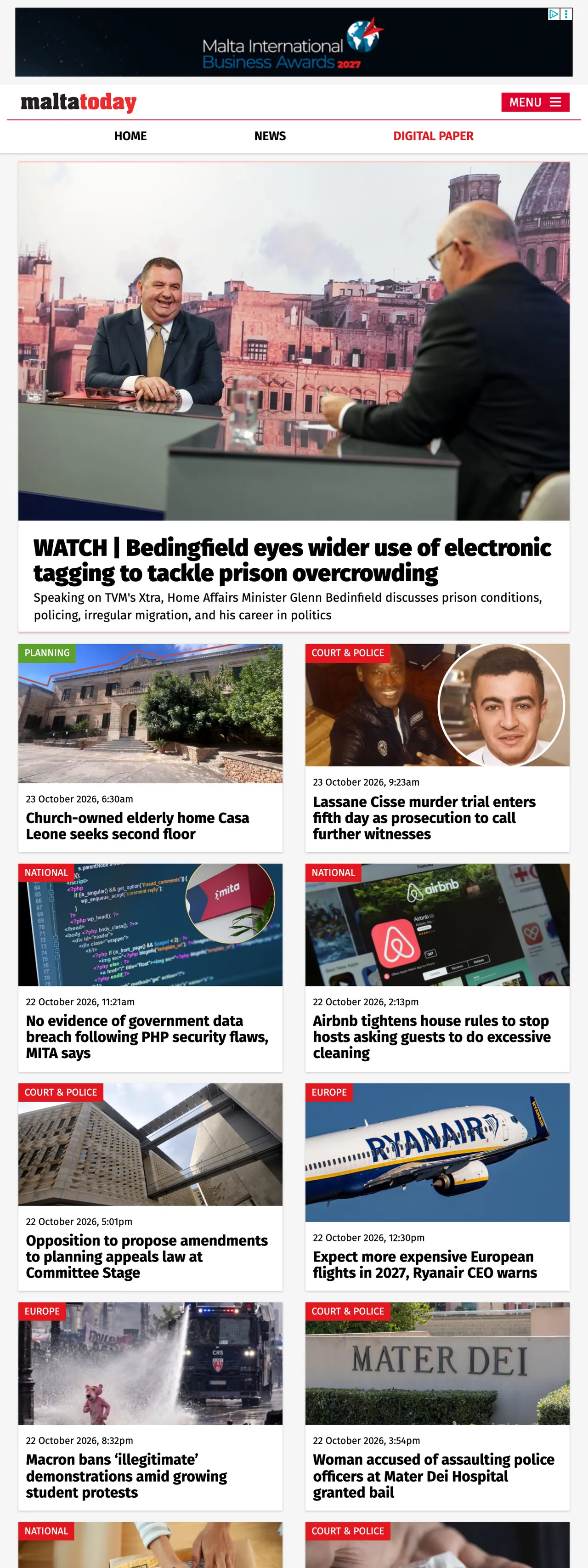 Screenshot of the Malta Today front page