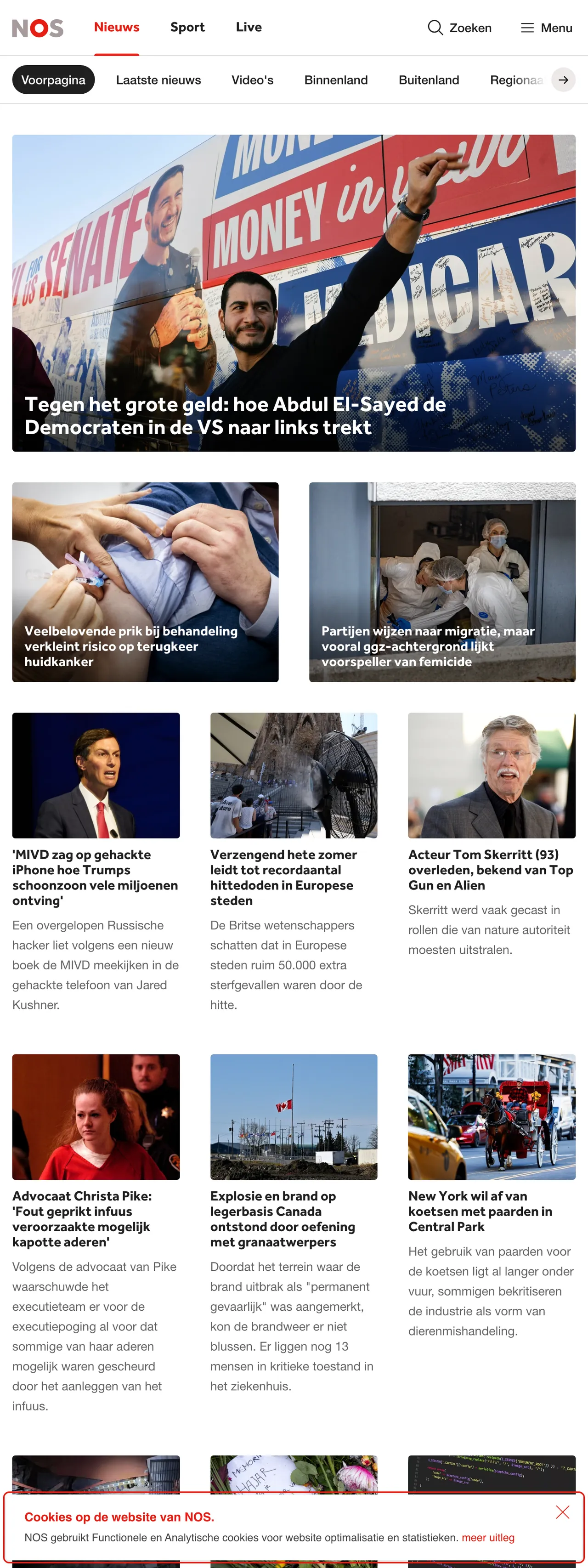 Screenshot of the NOS front page