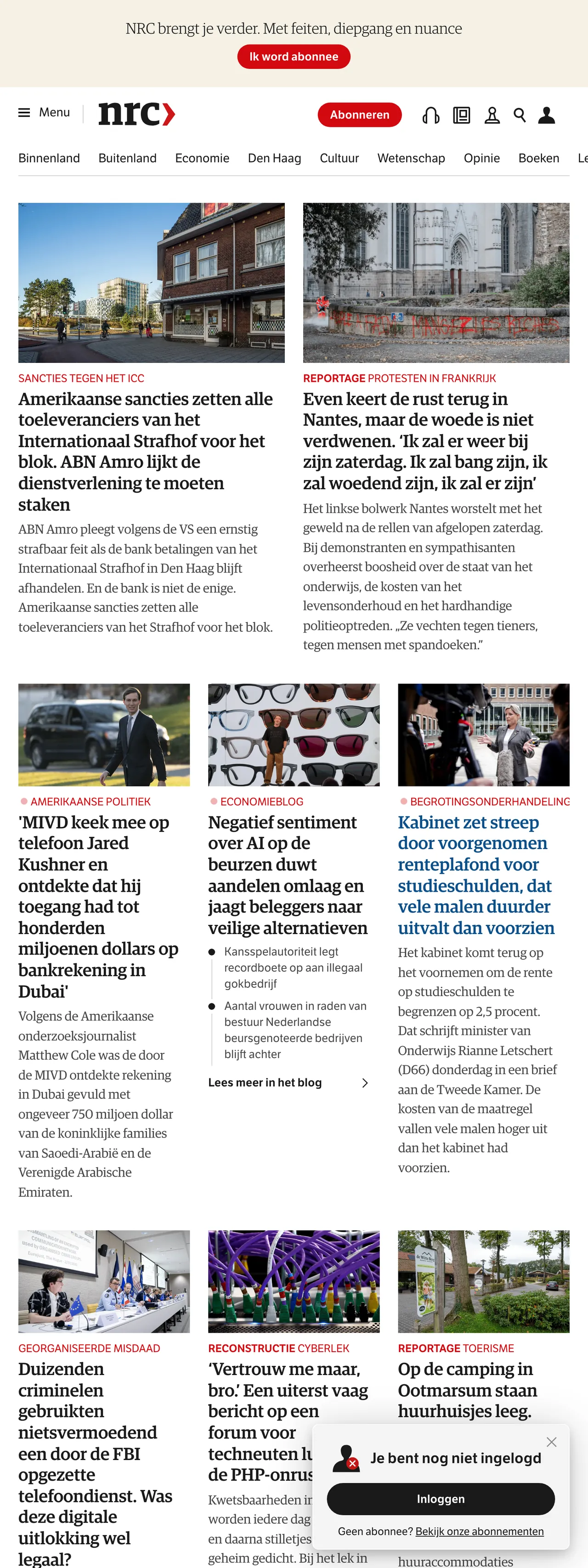 Screenshot of the NRC front page