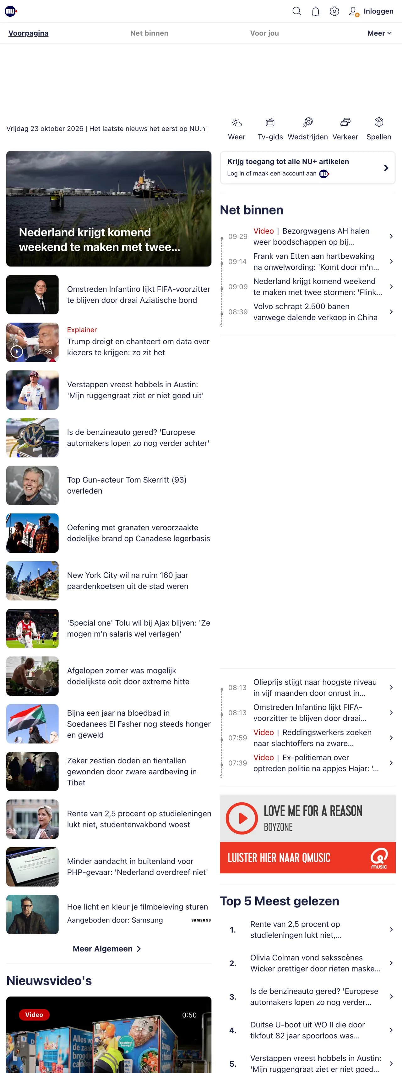 Screenshot of the NU.nl front page