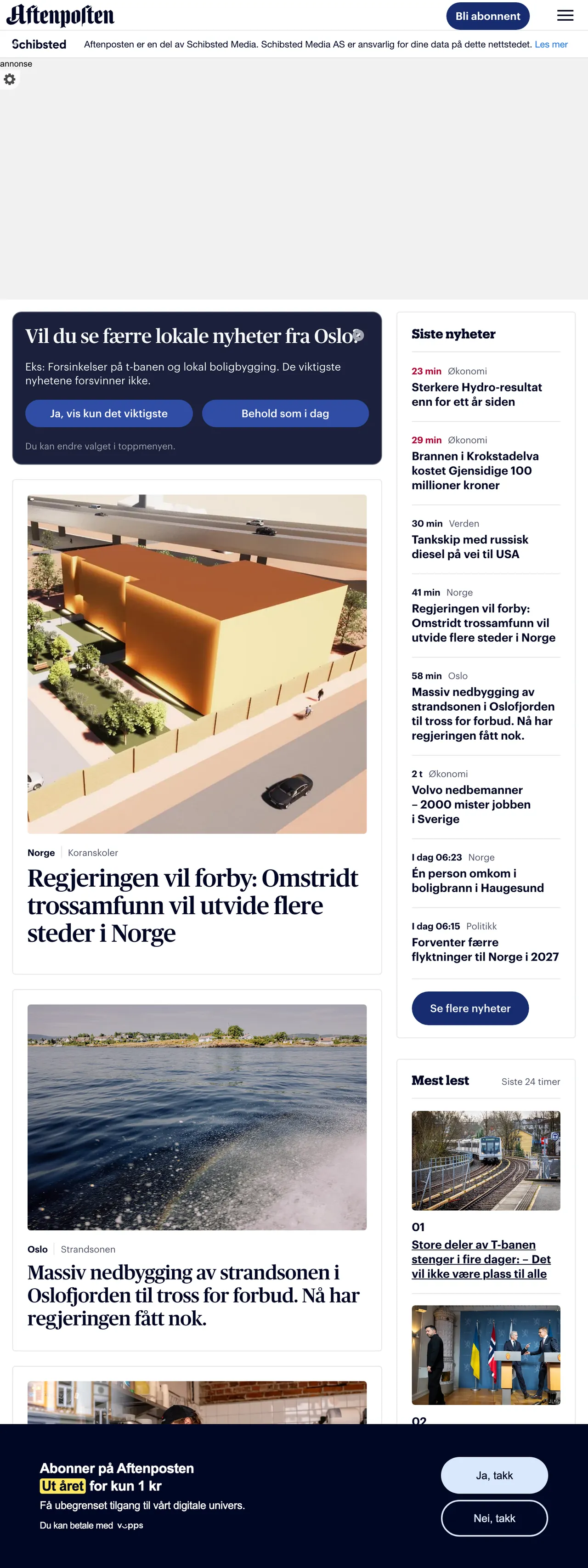 Screenshot of the Aftenposten front page
