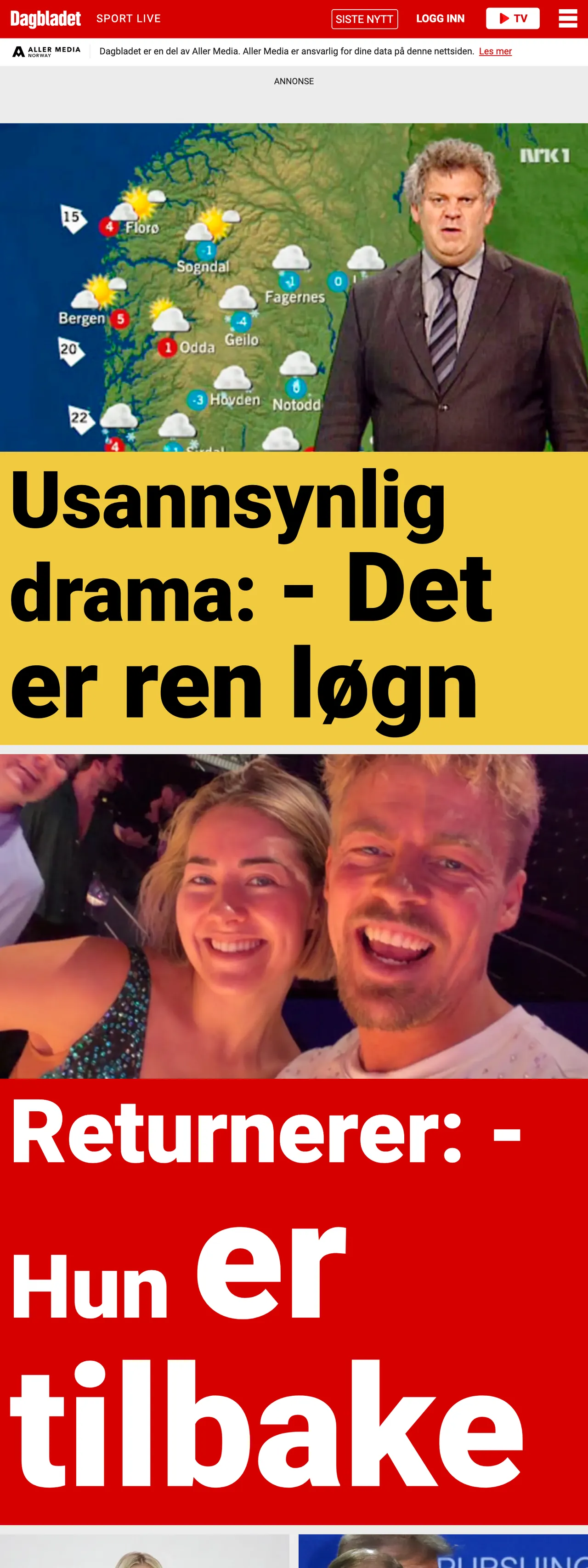 Screenshot of the Dagbladet front page