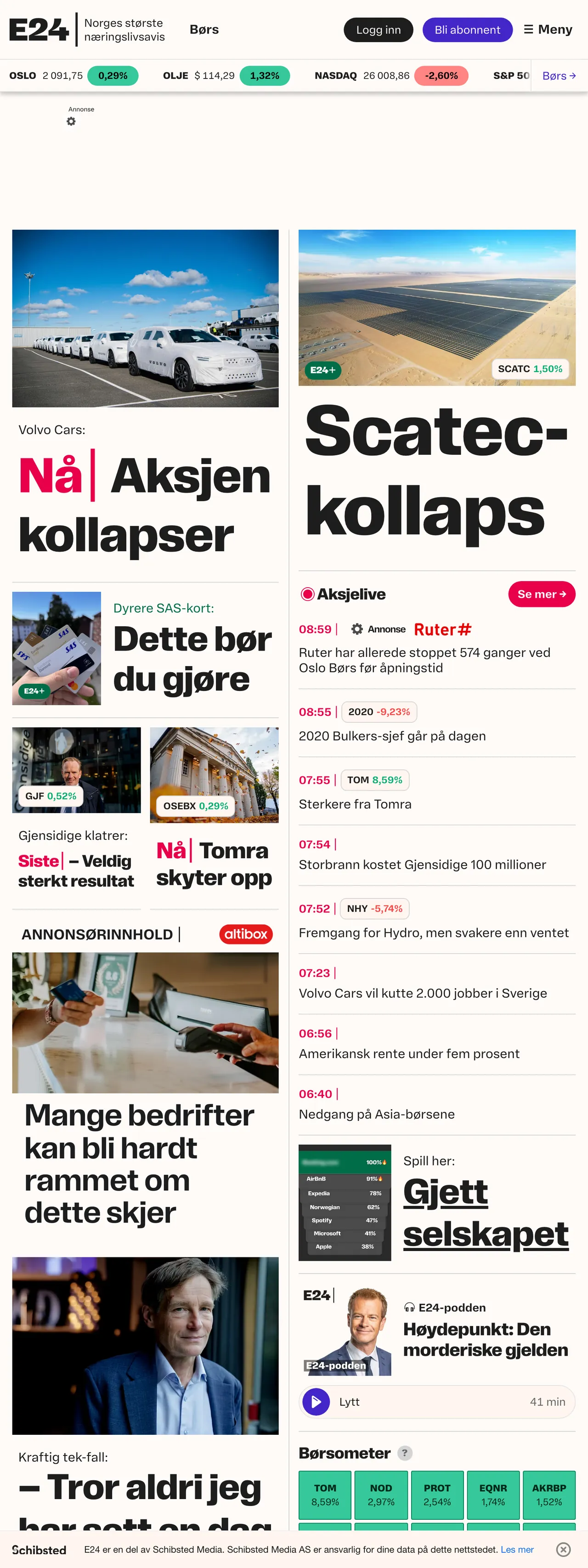 Screenshot of the E24 front page