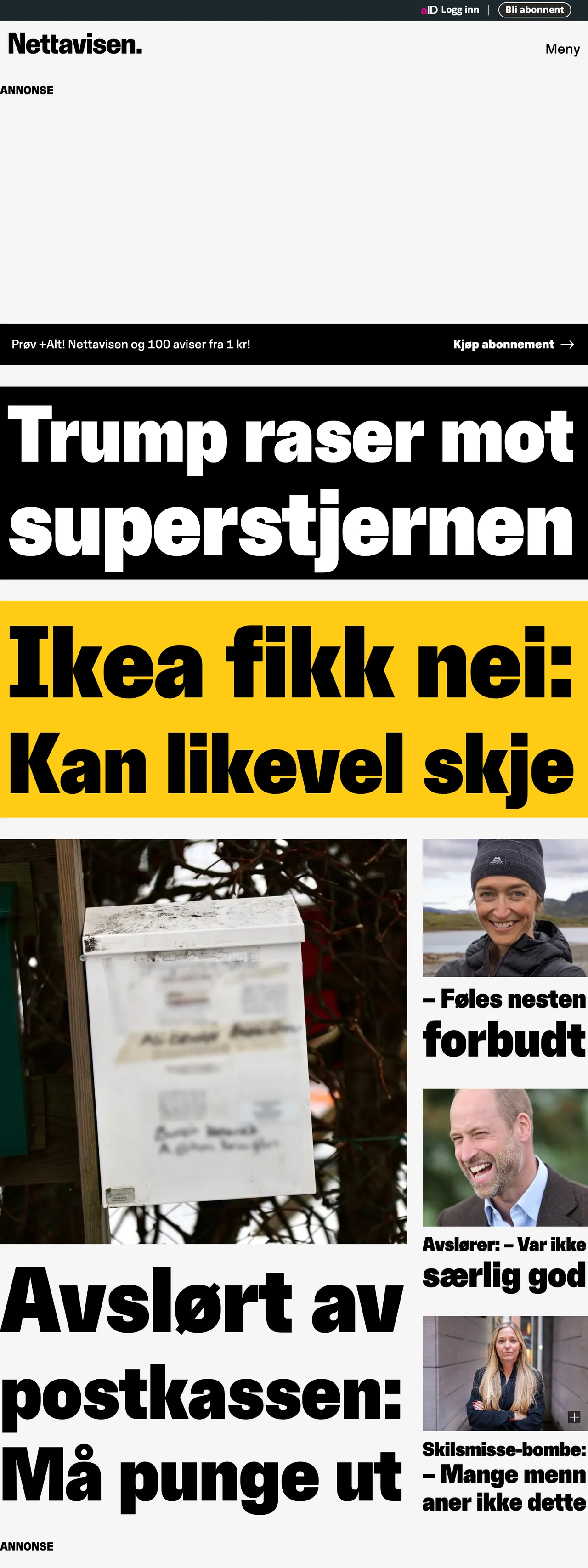 Screenshot of the Nettavisen front page