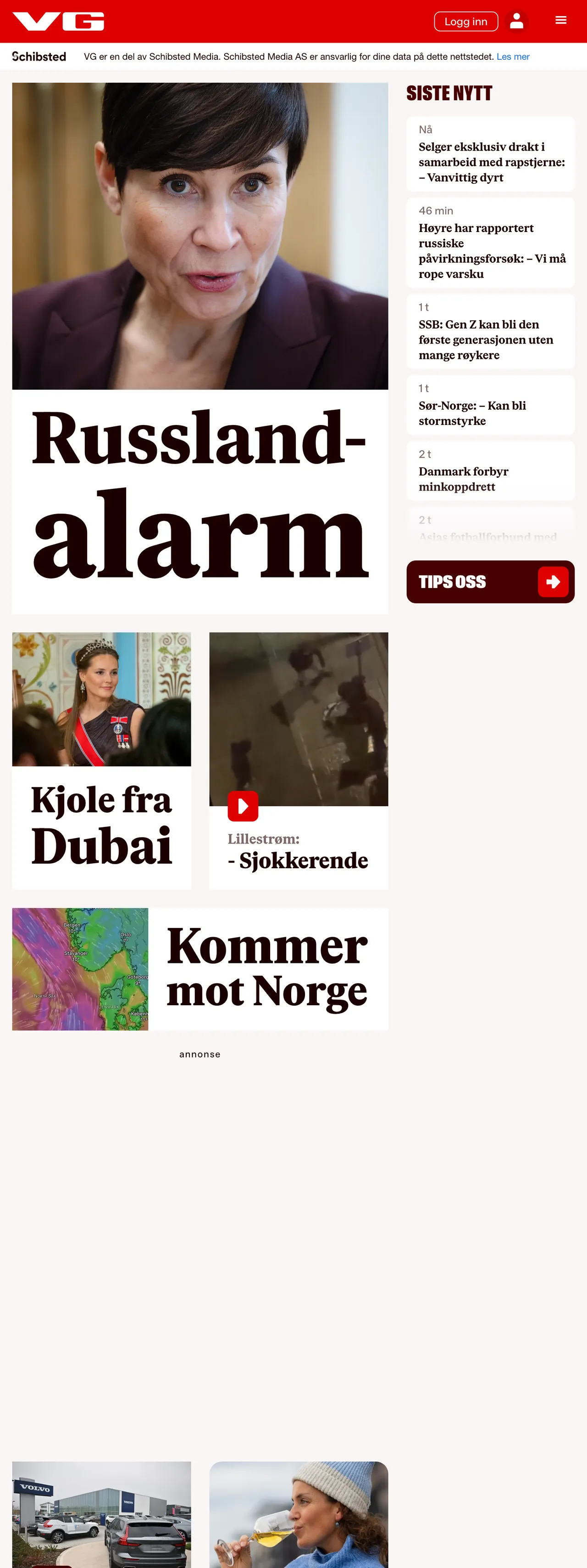 Screenshot of the VG front page