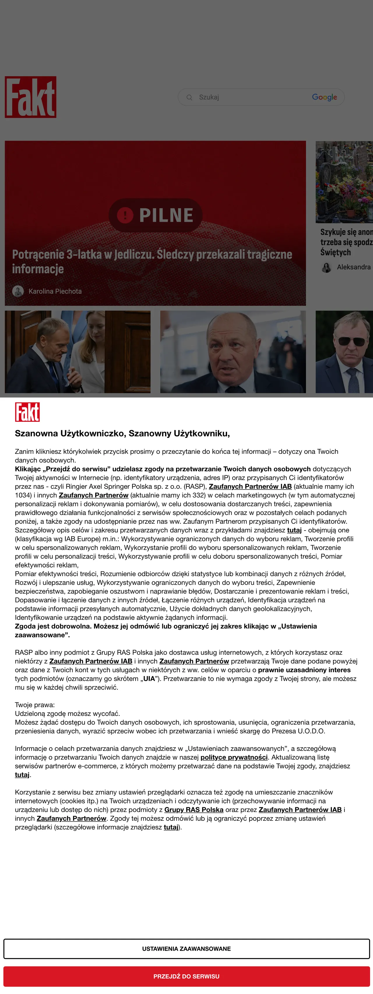 Screenshot of the Fakt front page
