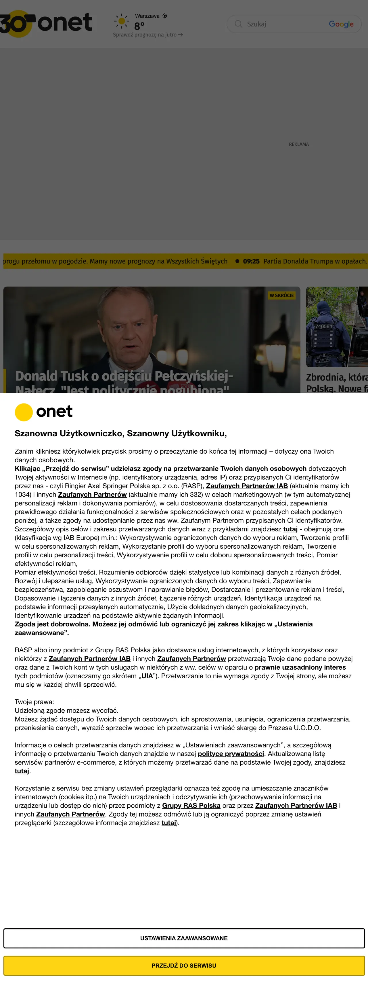 Screenshot of the Onet front page