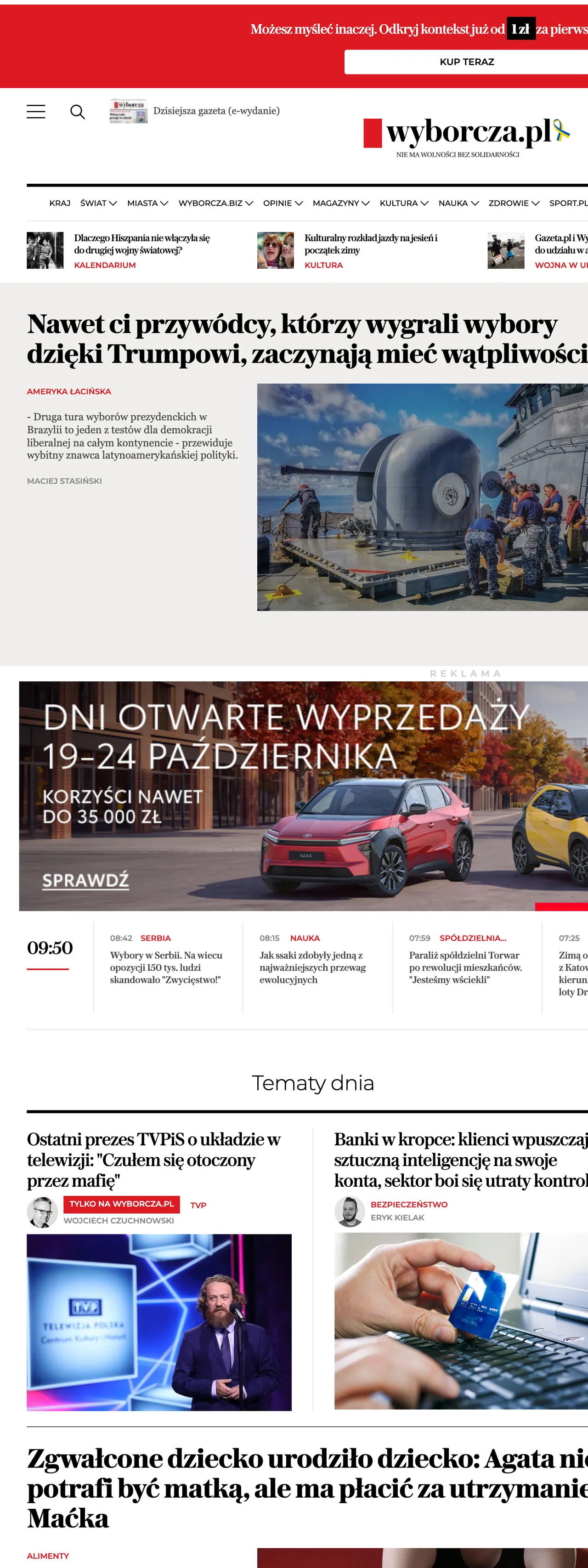 Screenshot of the Wyborcza front page