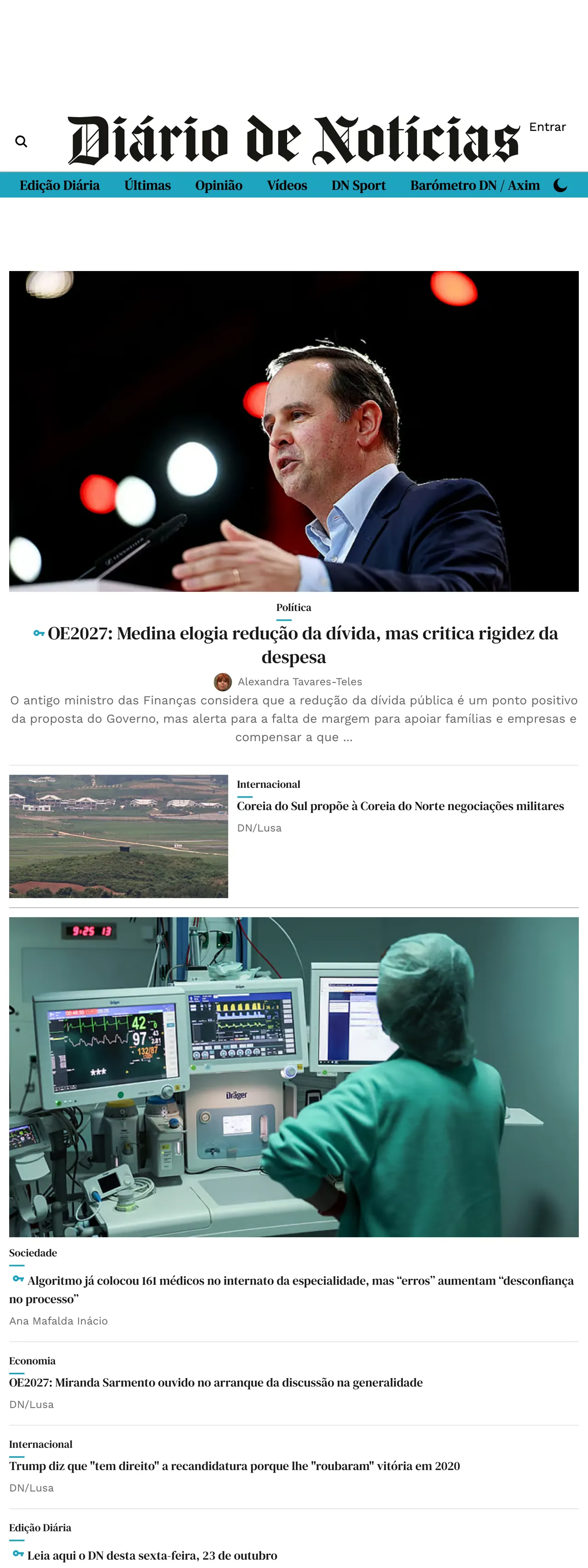 Screenshot of the Diário de Notícias front page