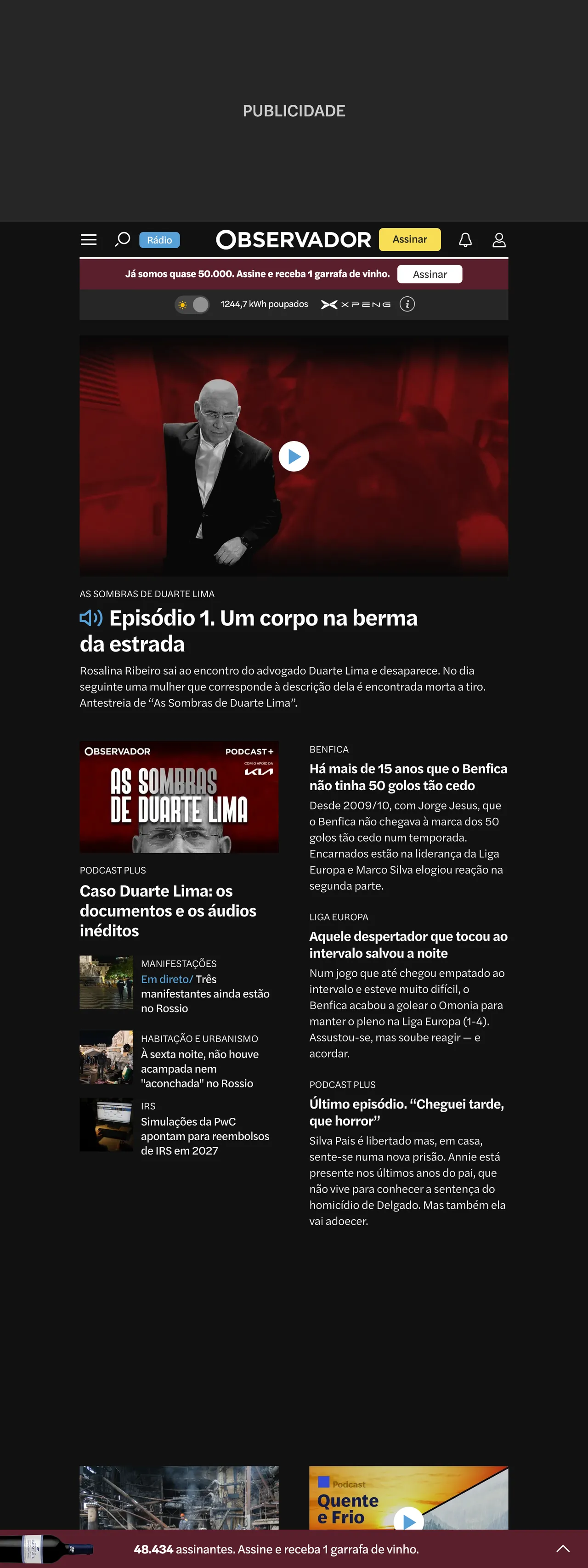 Screenshot of the Observador front page