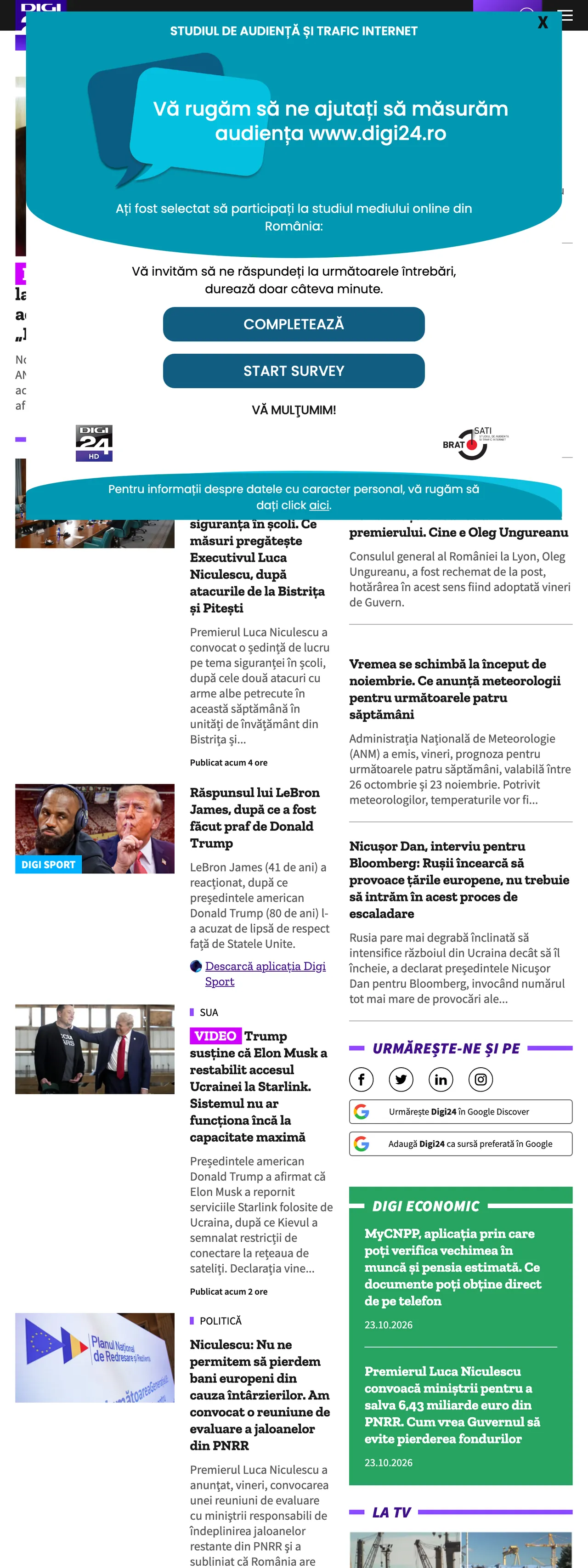Screenshot of the Digi24 front page