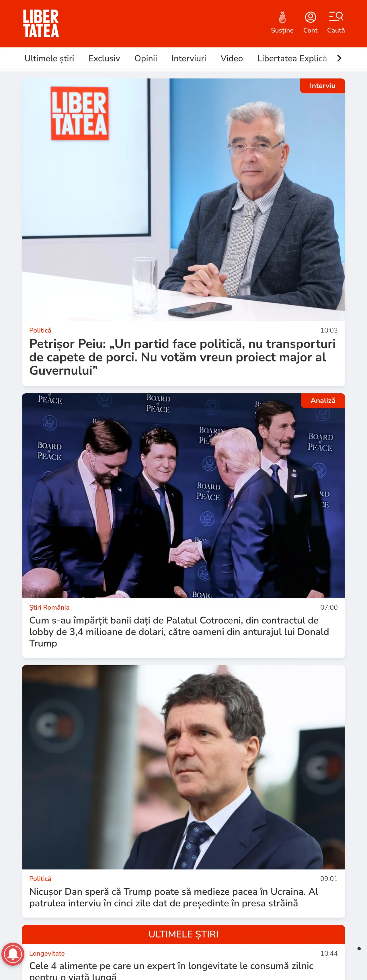 Screenshot of the Libertatea front page