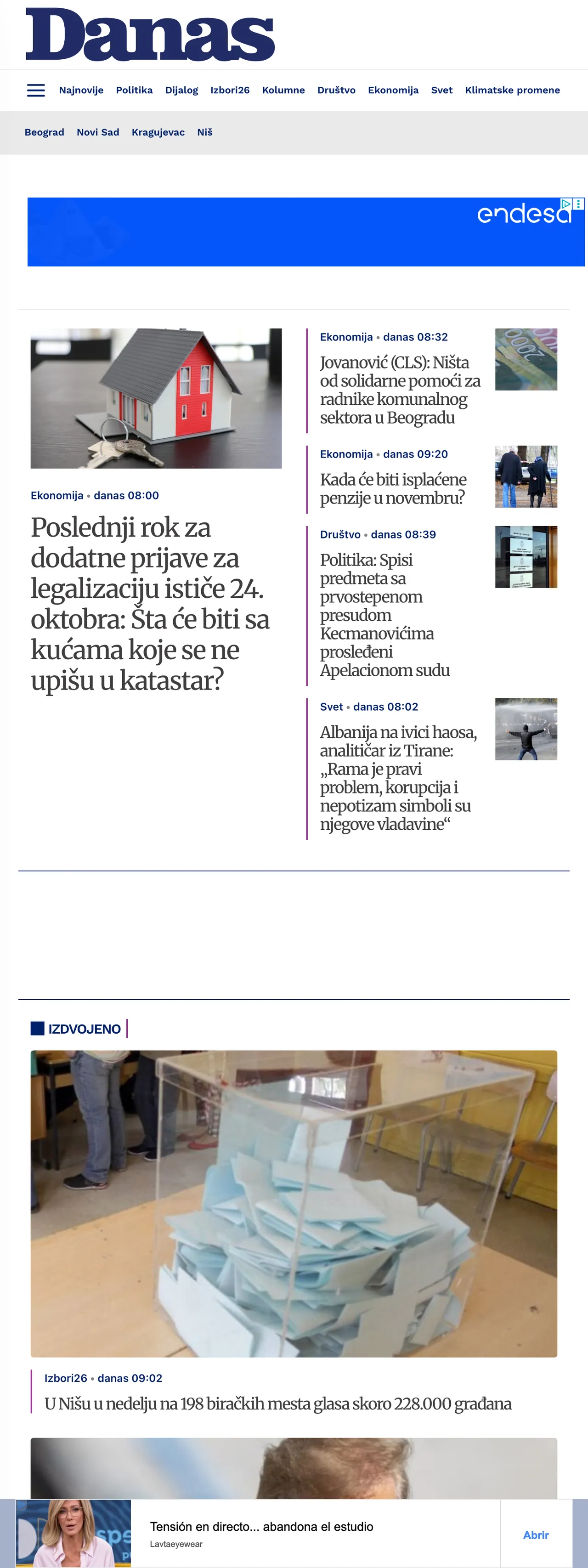 Screenshot of the Danas front page