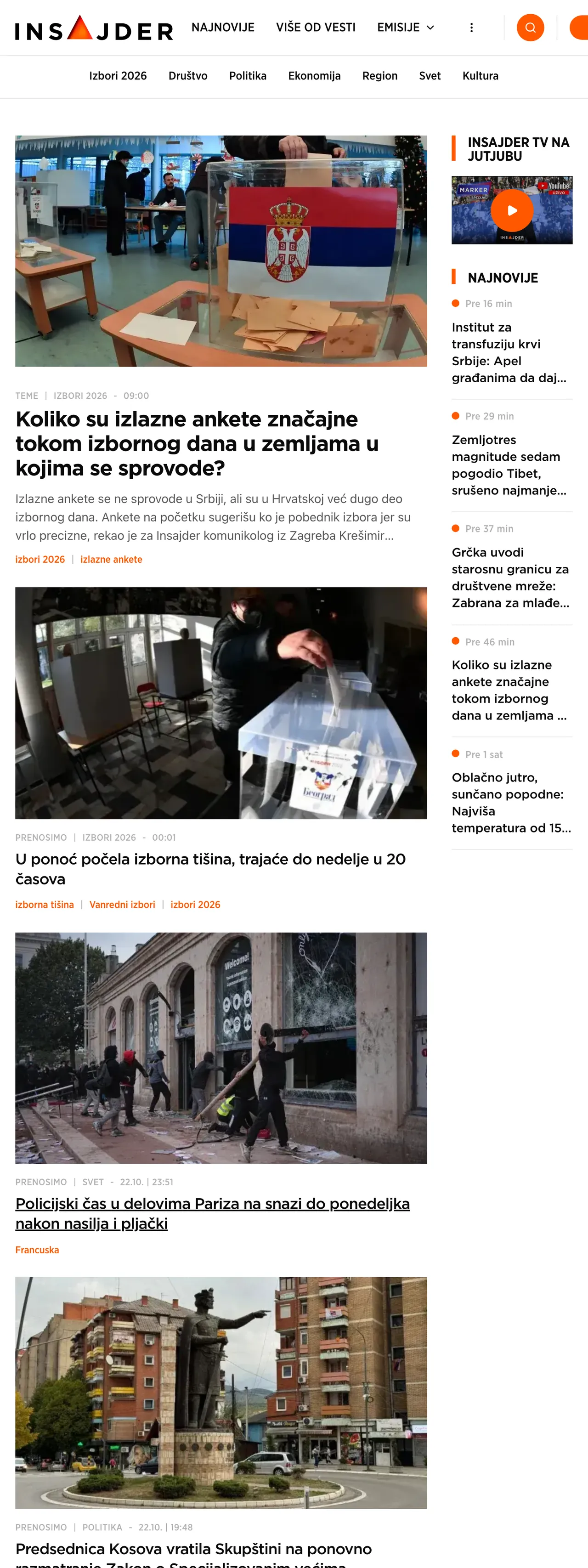 Screenshot of the Insajder front page