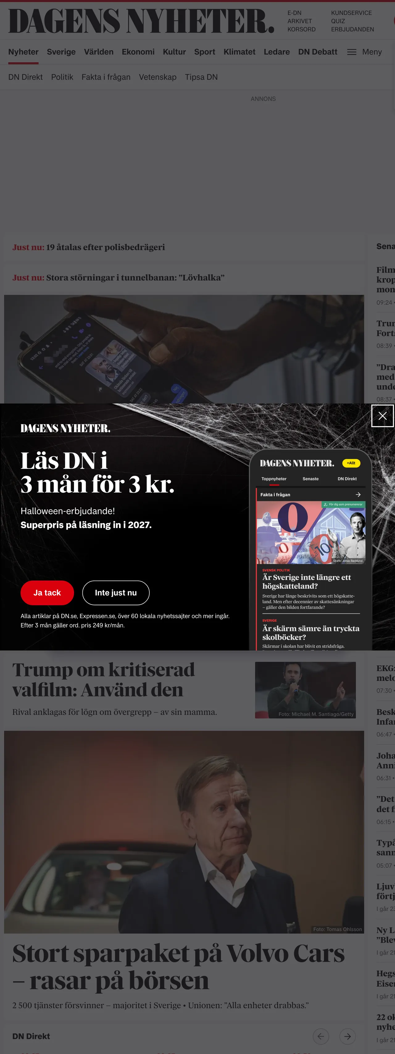 Screenshot of the Dagens Nyheter front page