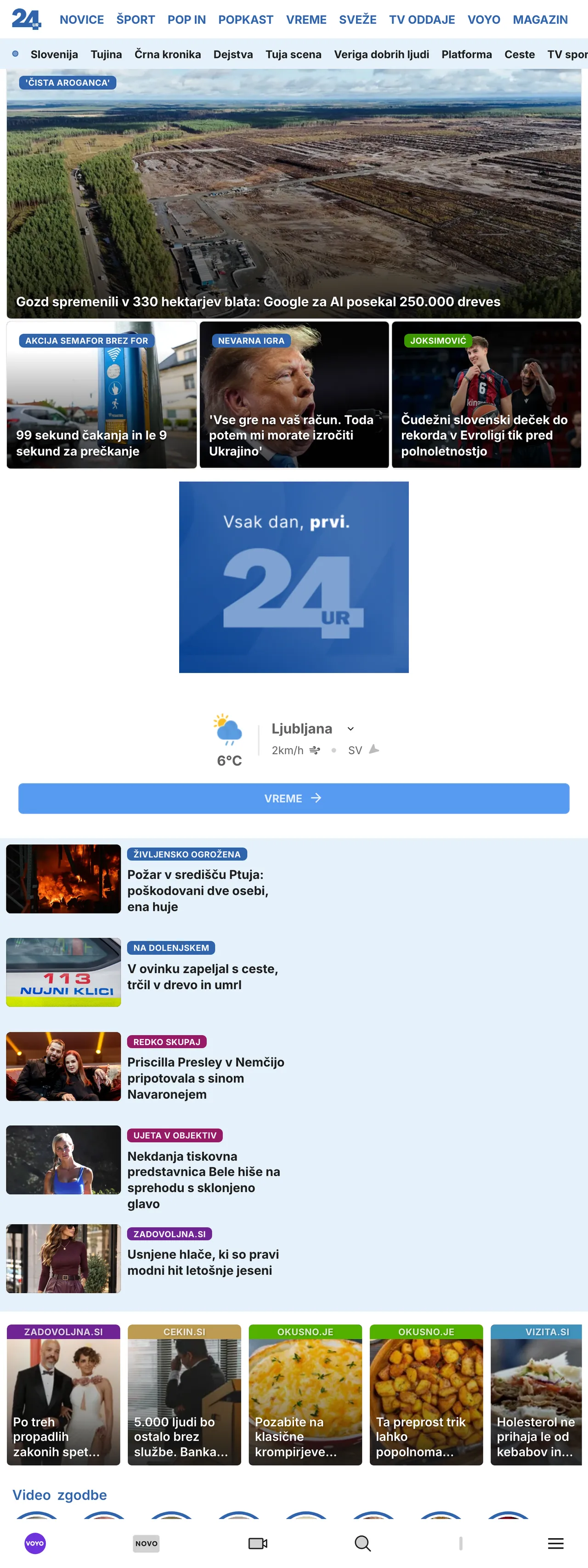 Screenshot of the 24ur front page
