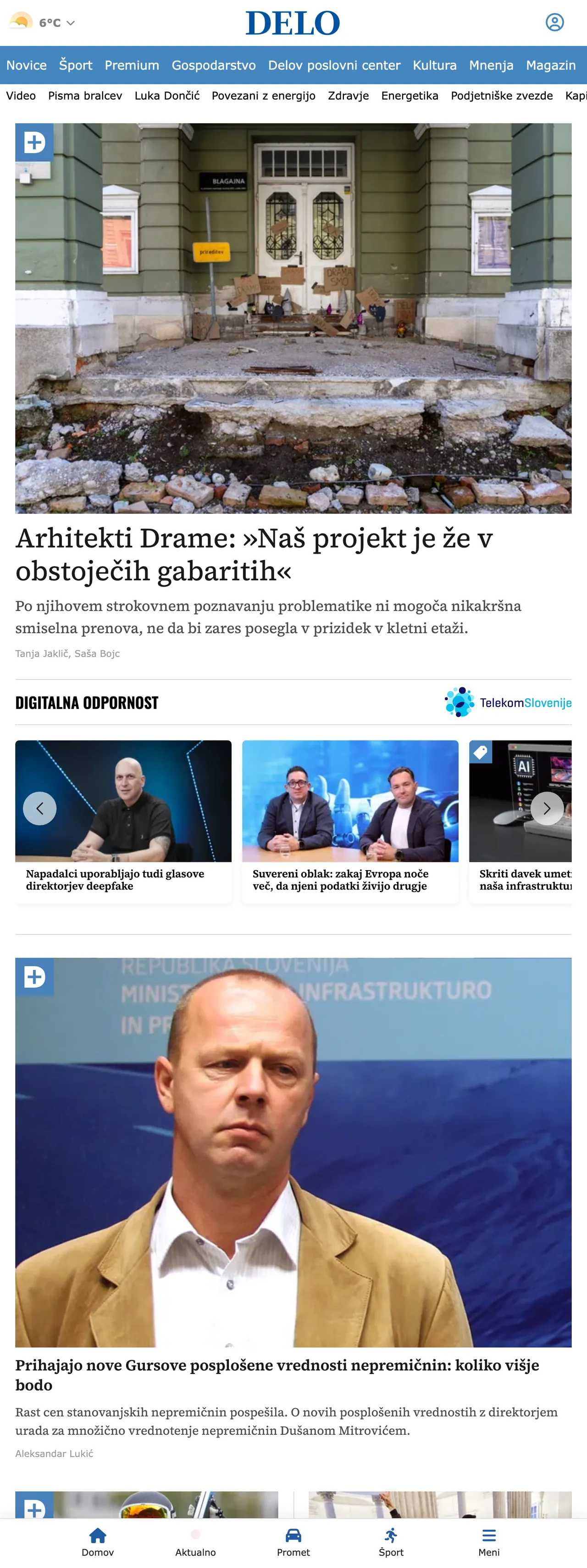 Screenshot of the Delo front page