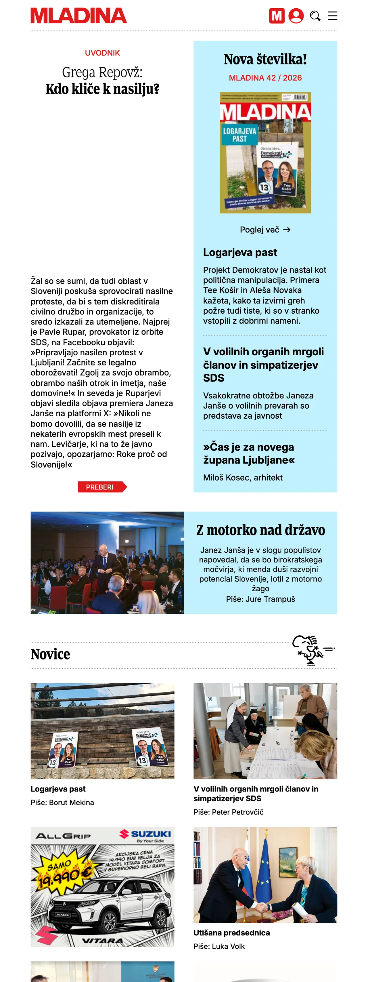 Screenshot of the Mladina front page