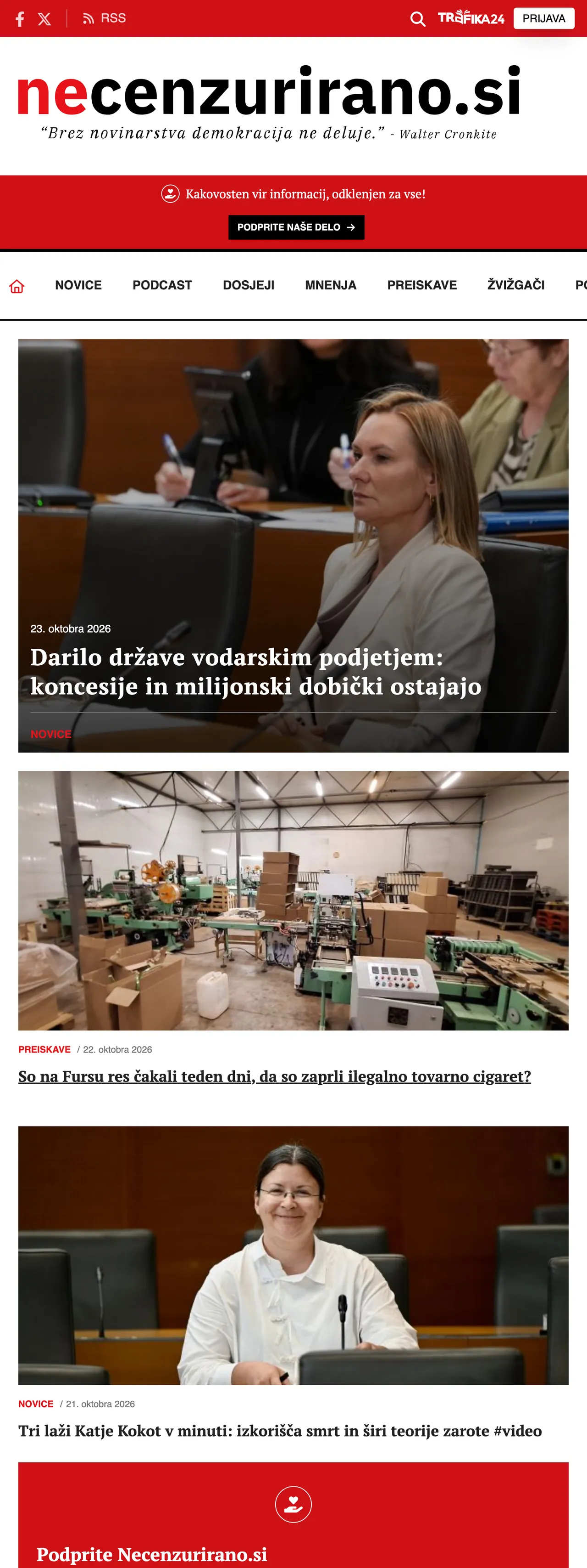 Screenshot of the Necenzurirano front page