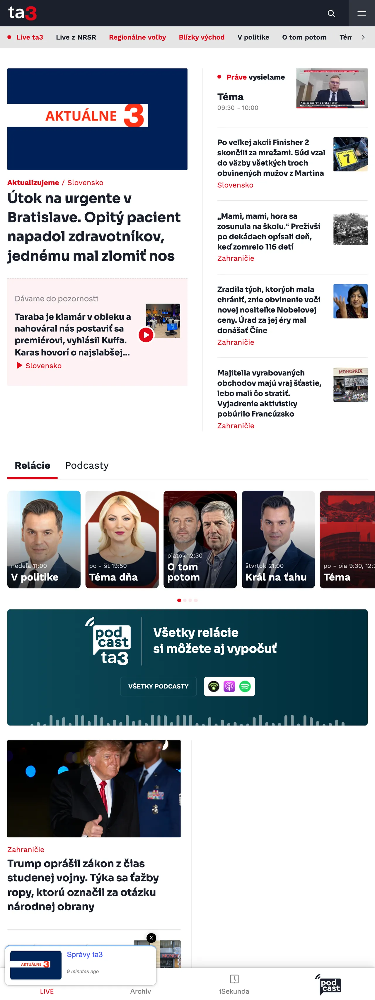Screenshot of the TA3 front page