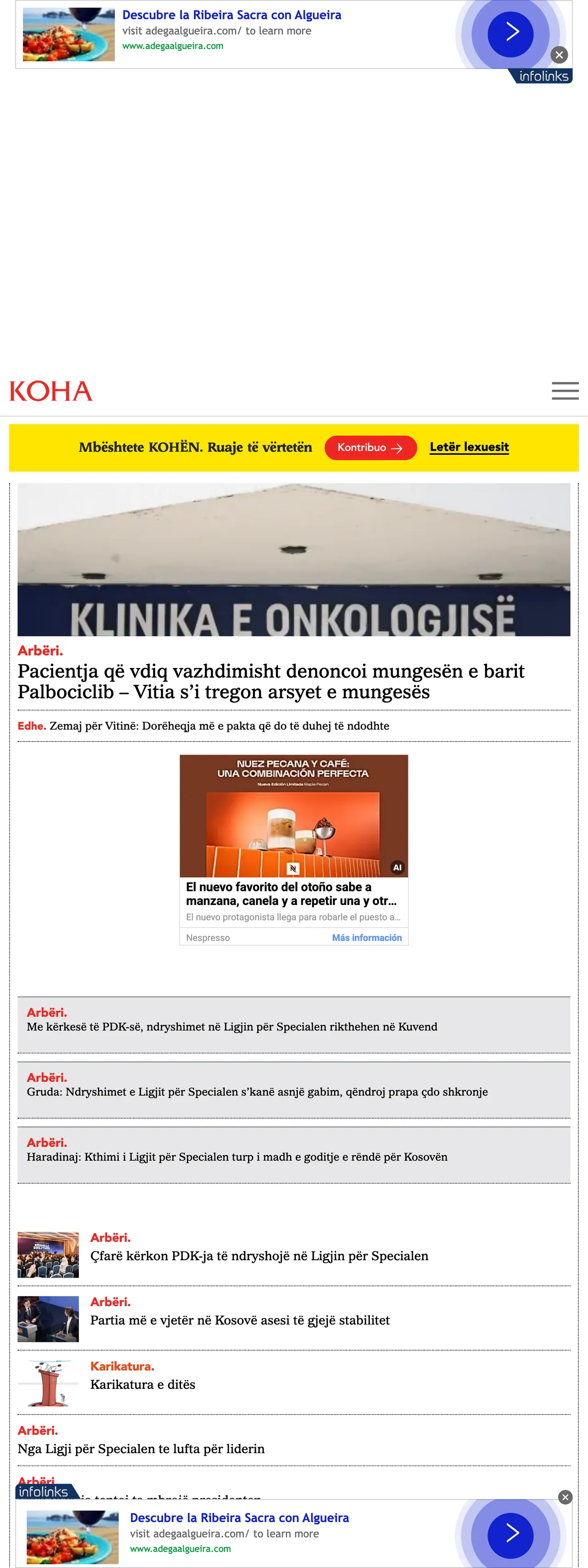 Screenshot of the Koha Ditore front page