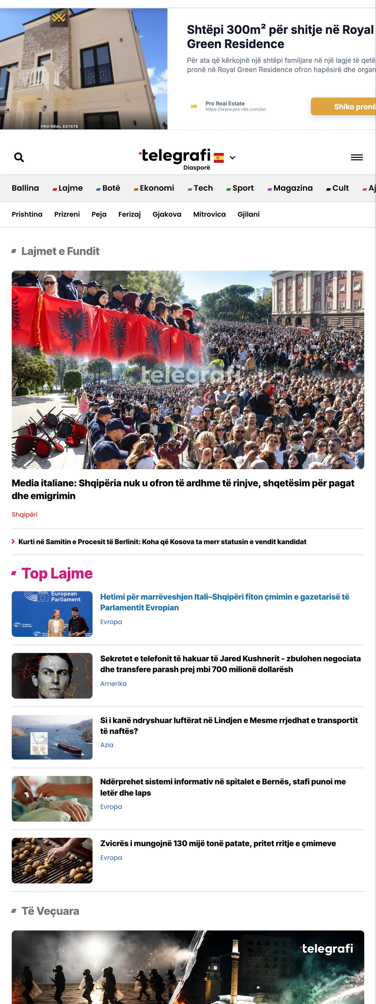 Screenshot of the Telegrafi front page
