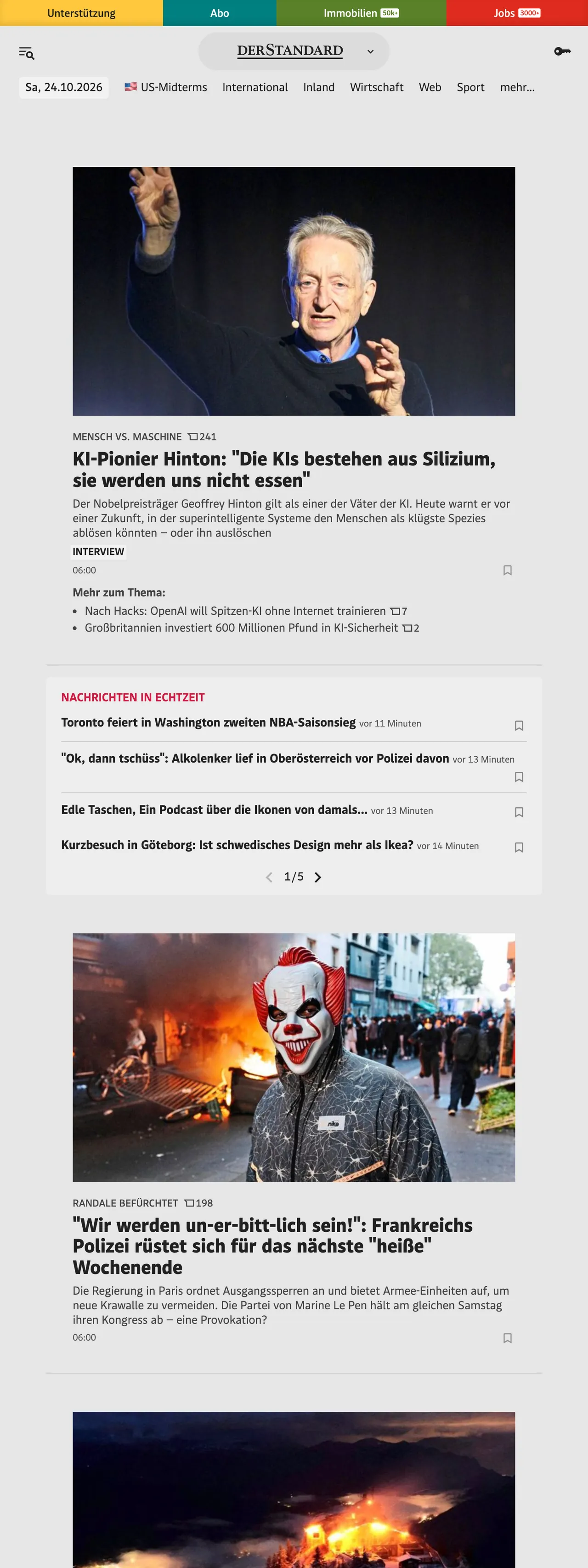 Screenshot of the DER STANDARD front page