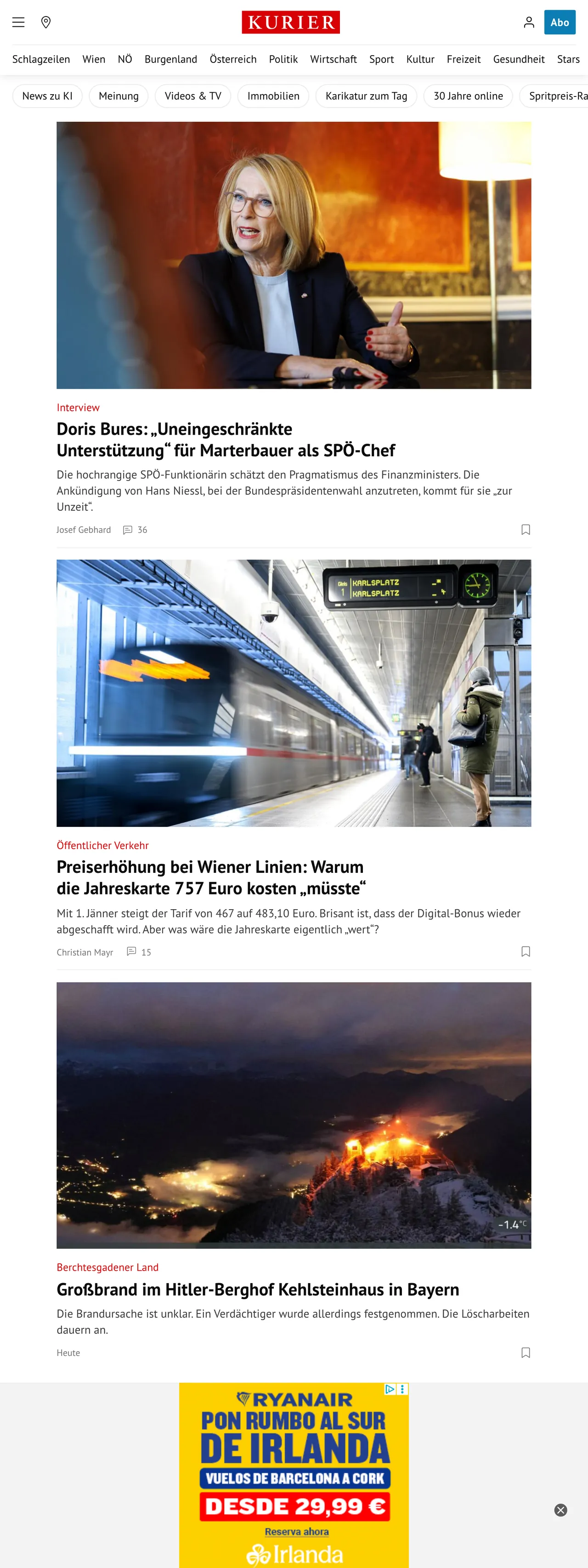 Screenshot of the Kurier front page
