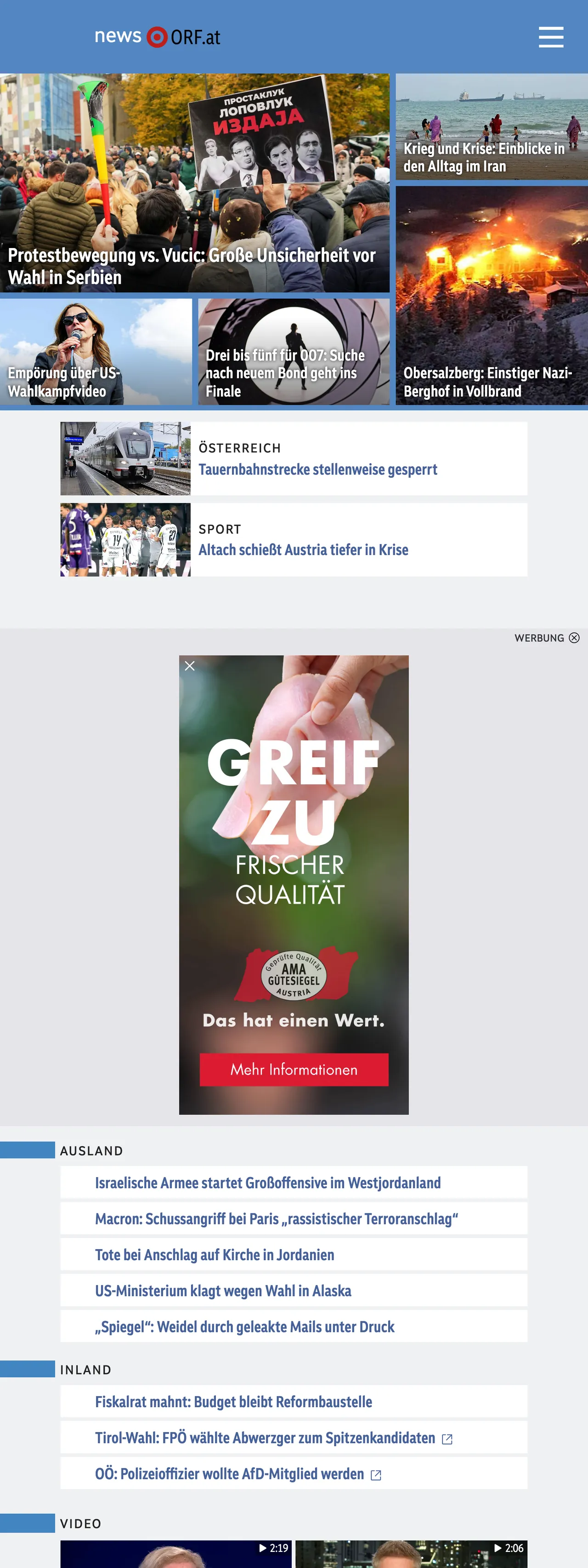 Screenshot of the ORF front page