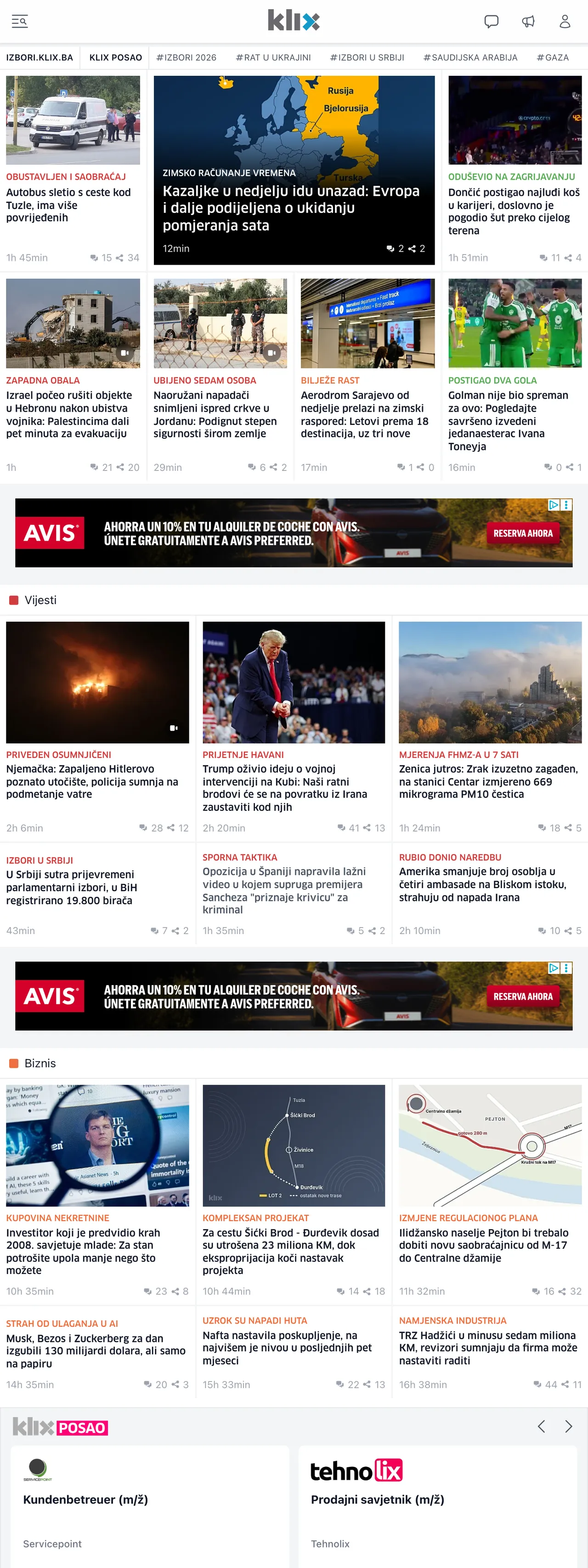 Screenshot of the Klix.ba front page