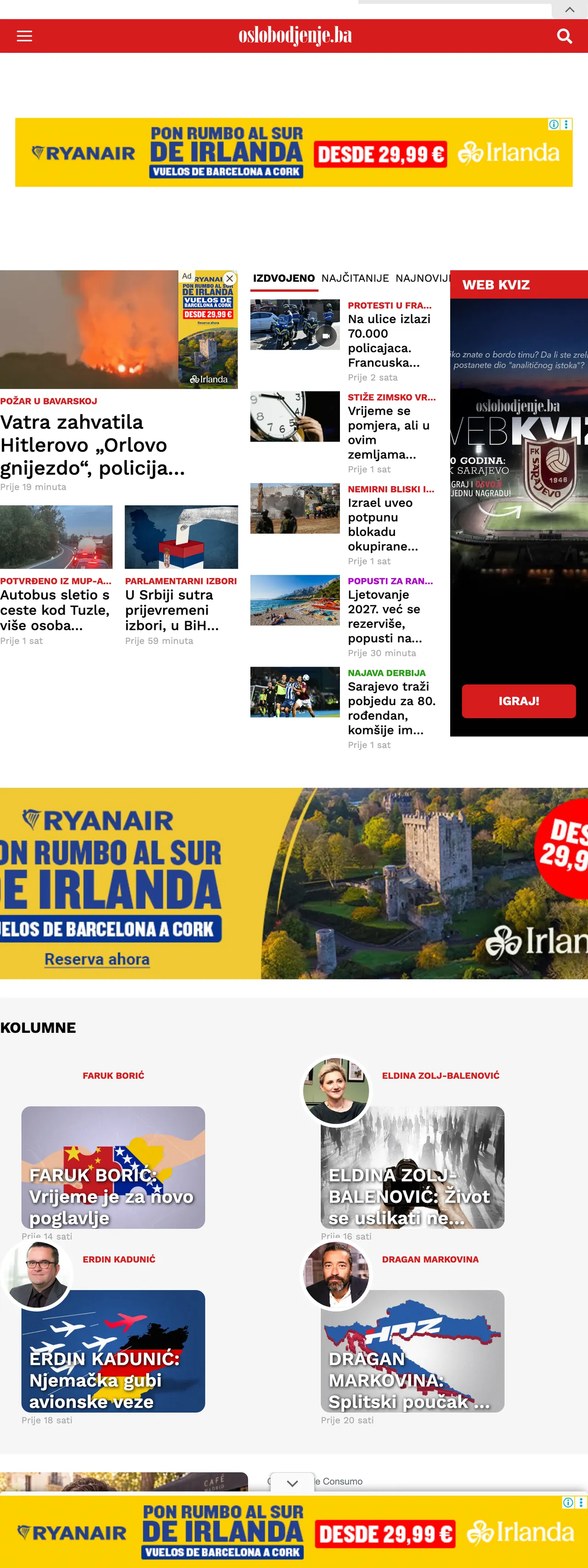 Screenshot of the Oslobođenje front page