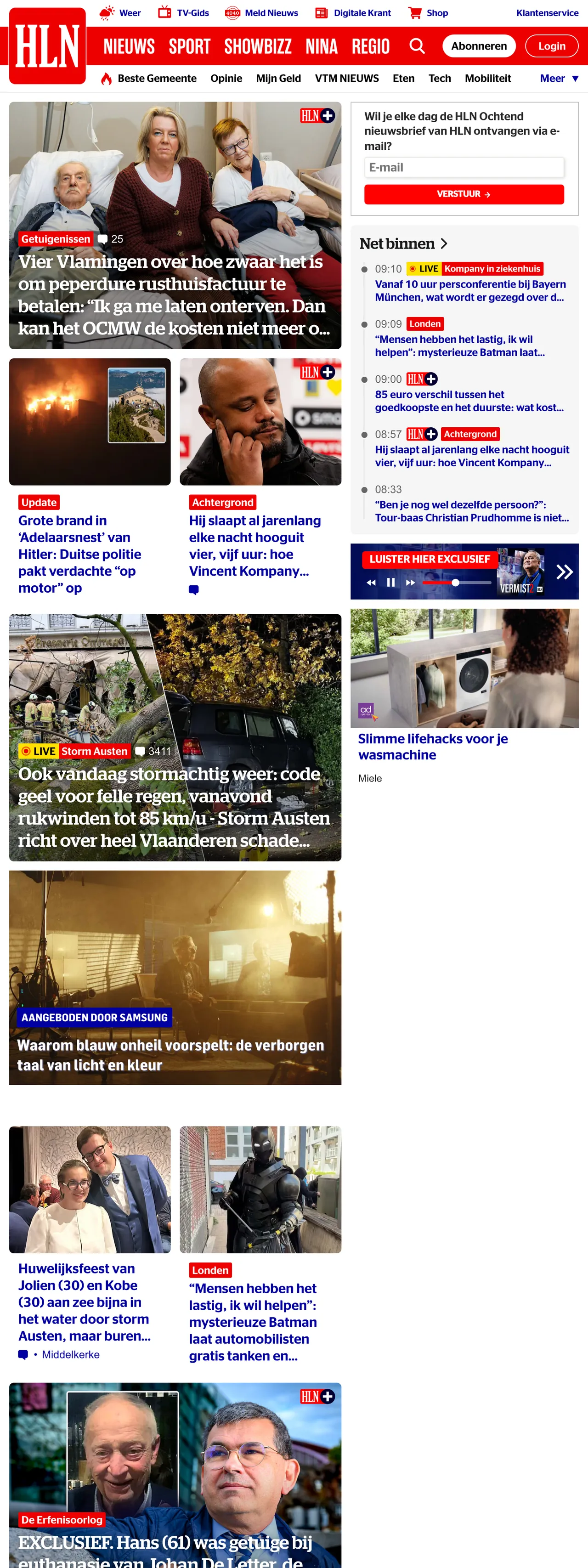 Screenshot of the HLN front page