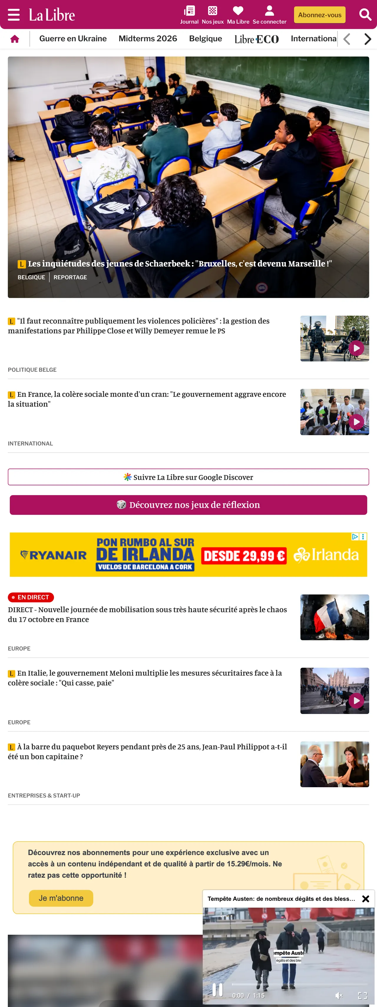 Screenshot of the La Libre front page