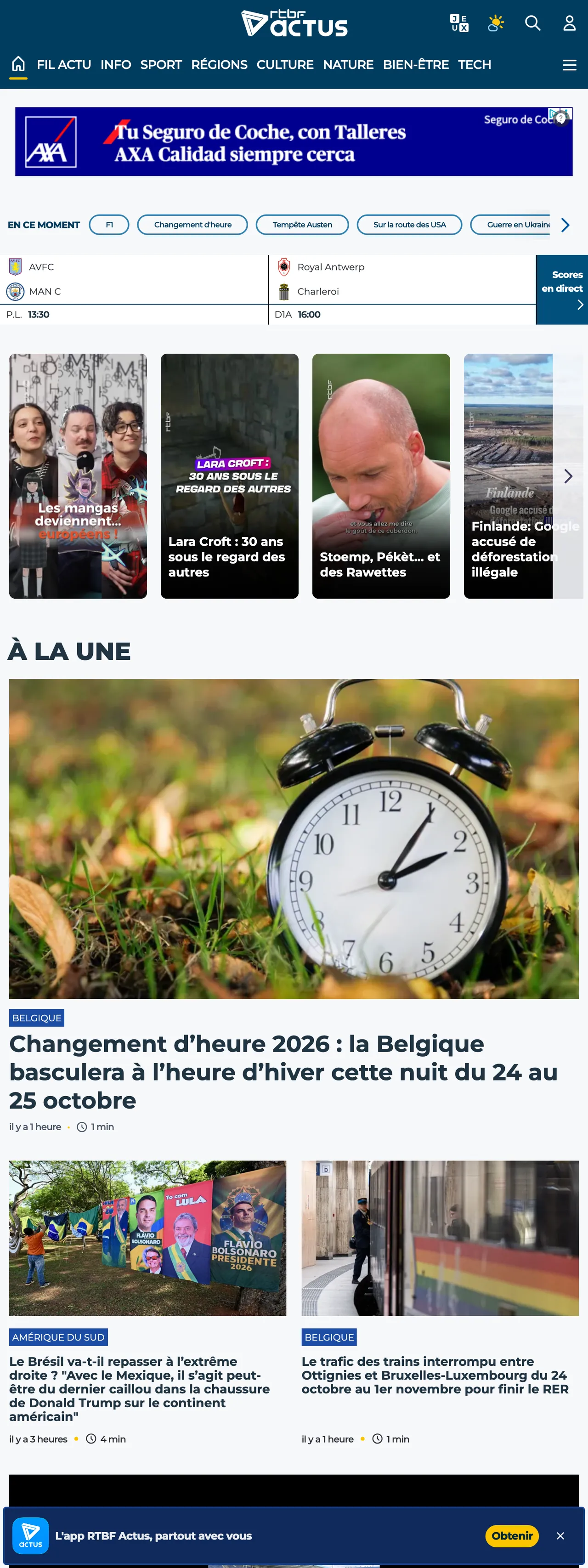 Screenshot of the RTBF front page