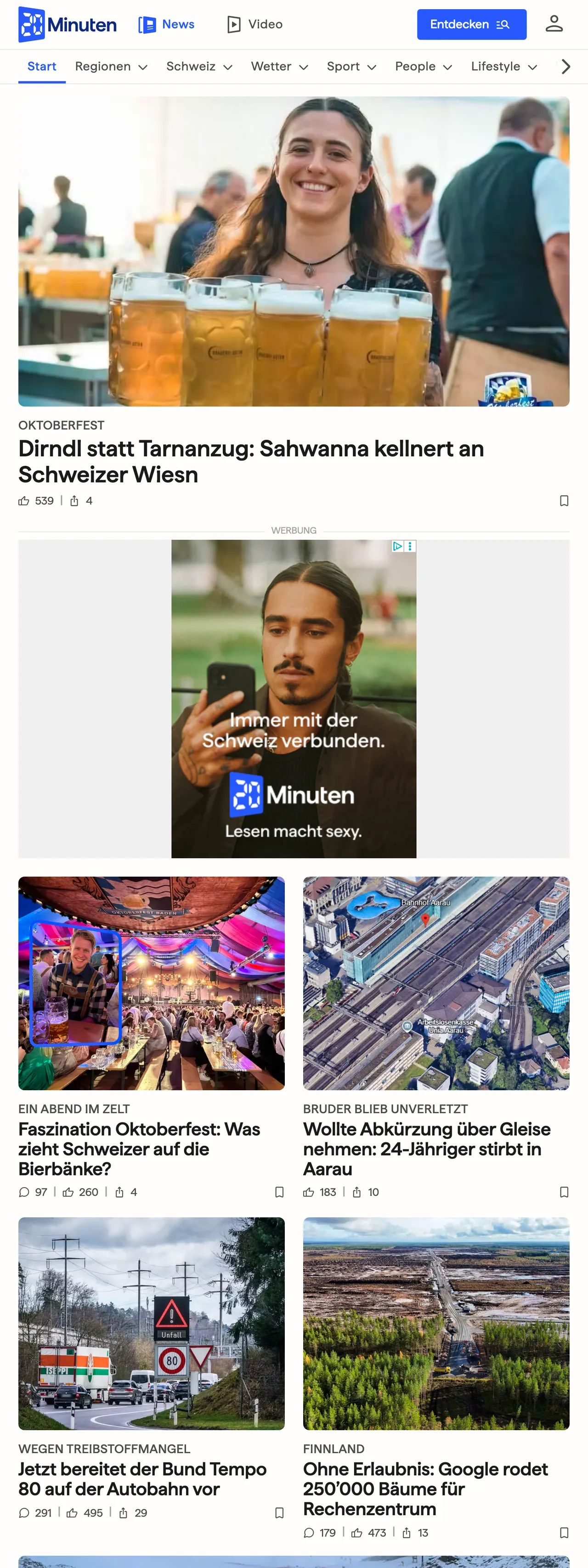 Screenshot of the 20 Minuten front page
