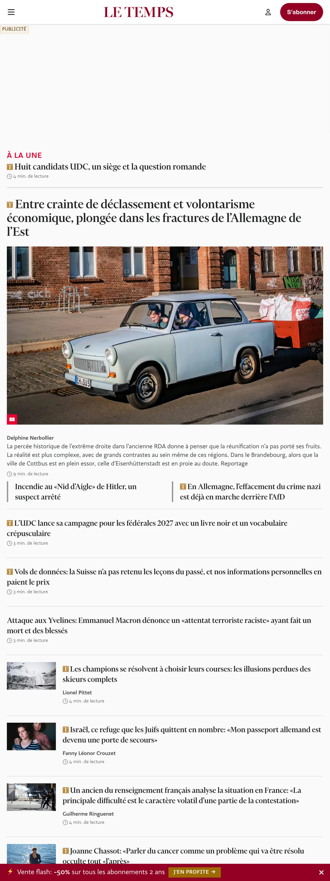 Screenshot of the Le Temps front page