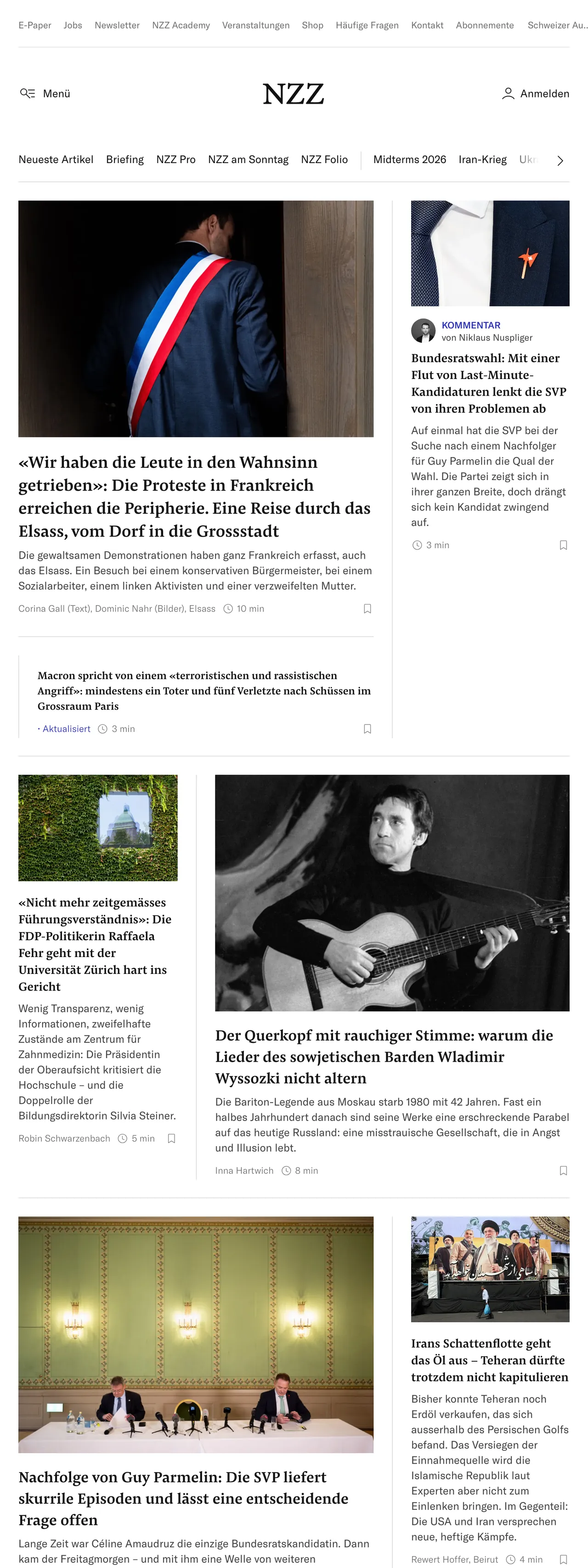 Screenshot of the Neue Zürcher Zeitung front page