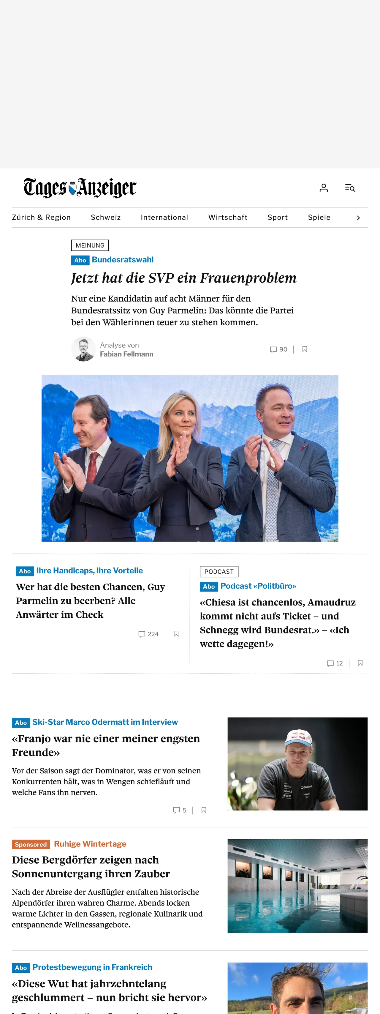 Screenshot of the Tages-Anzeiger front page
