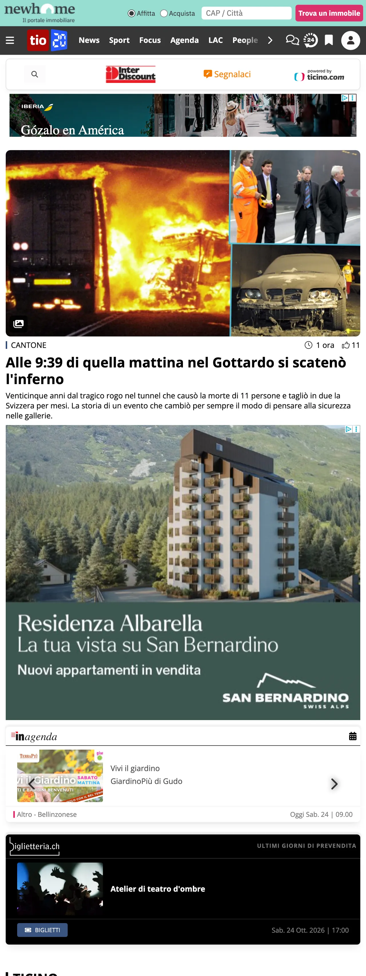 Screenshot of the Ticinonline front page