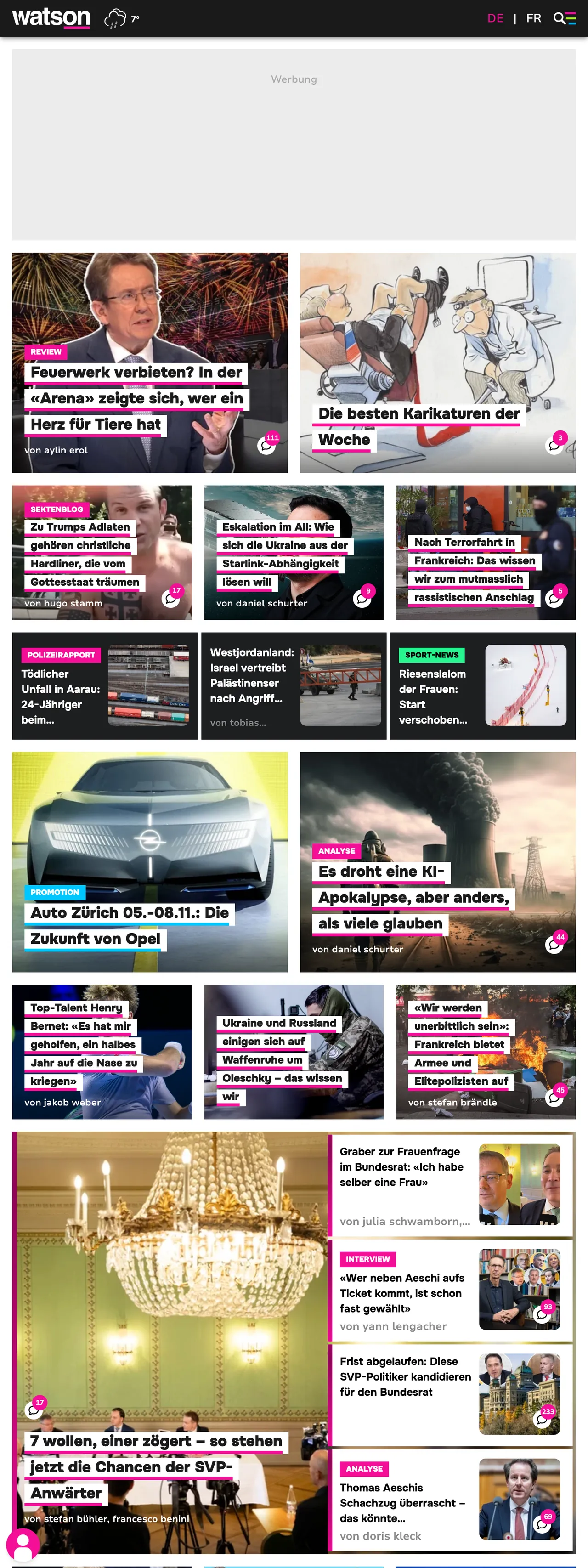 Screenshot of the watson front page