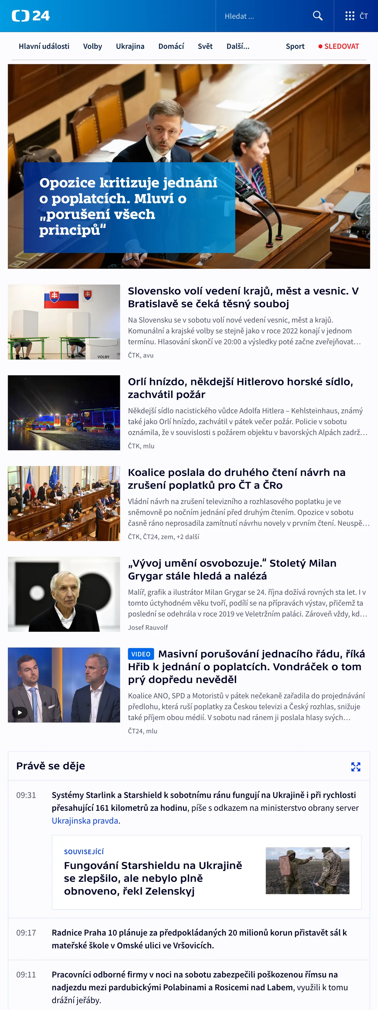 Screenshot of the ČT24 front page