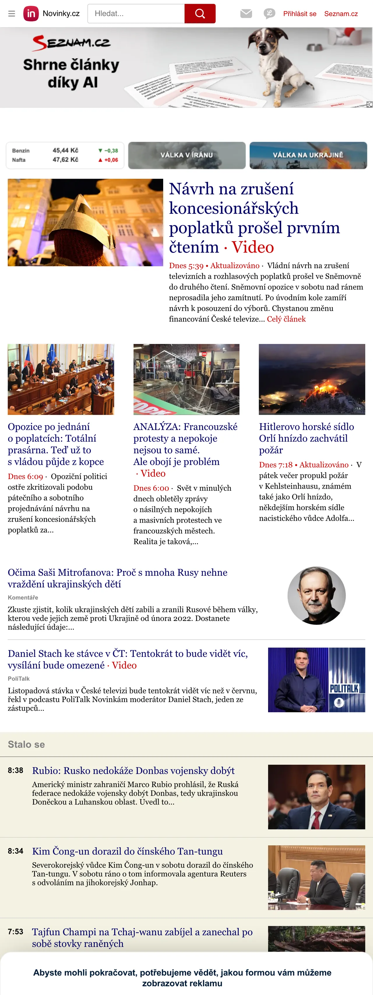 Screenshot of the Novinky.cz front page