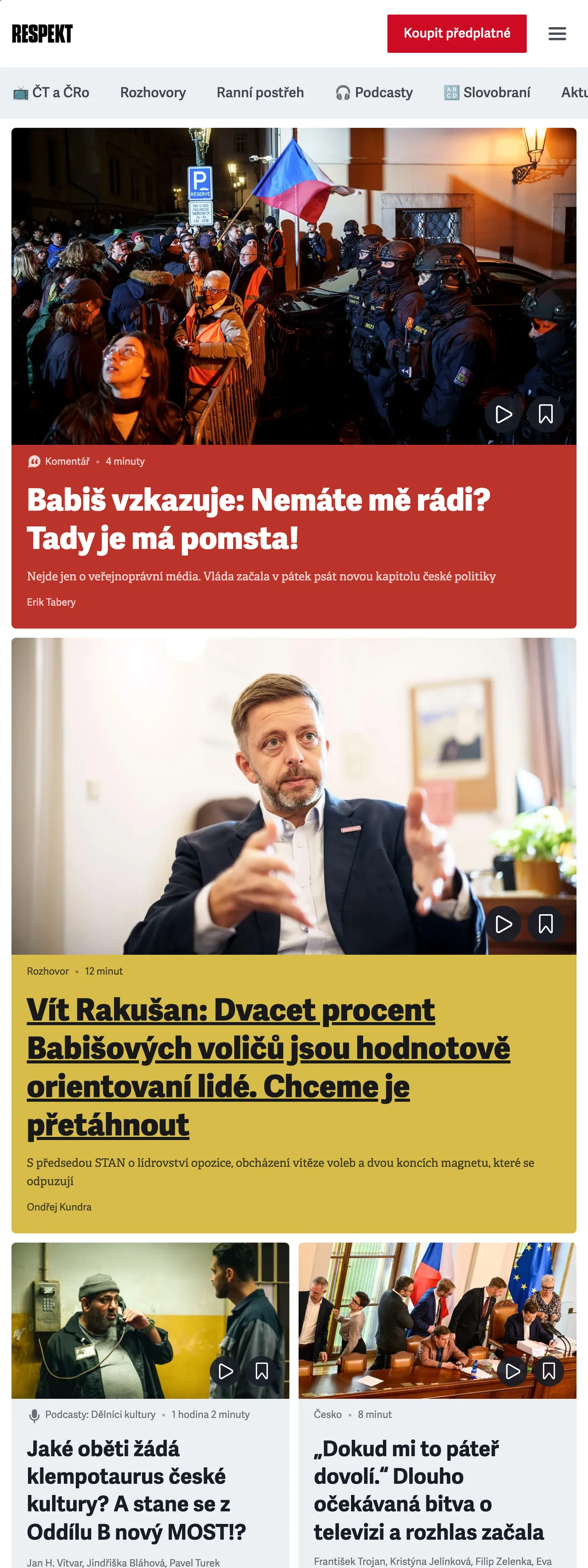 Screenshot of the Respekt front page
